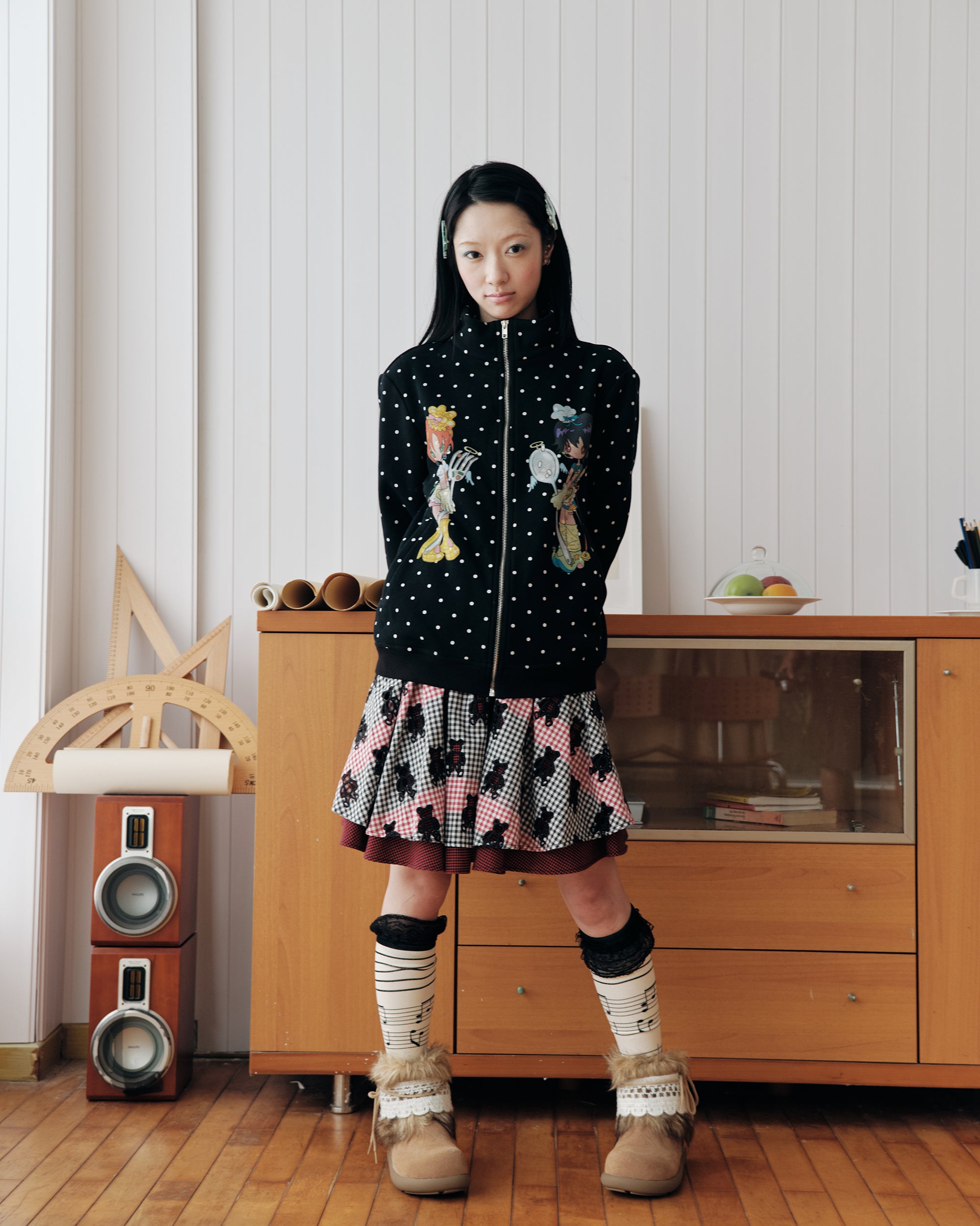 HAVE A MEAL x Sunonebird Polka-Dot Illustrated Fleece Jacket