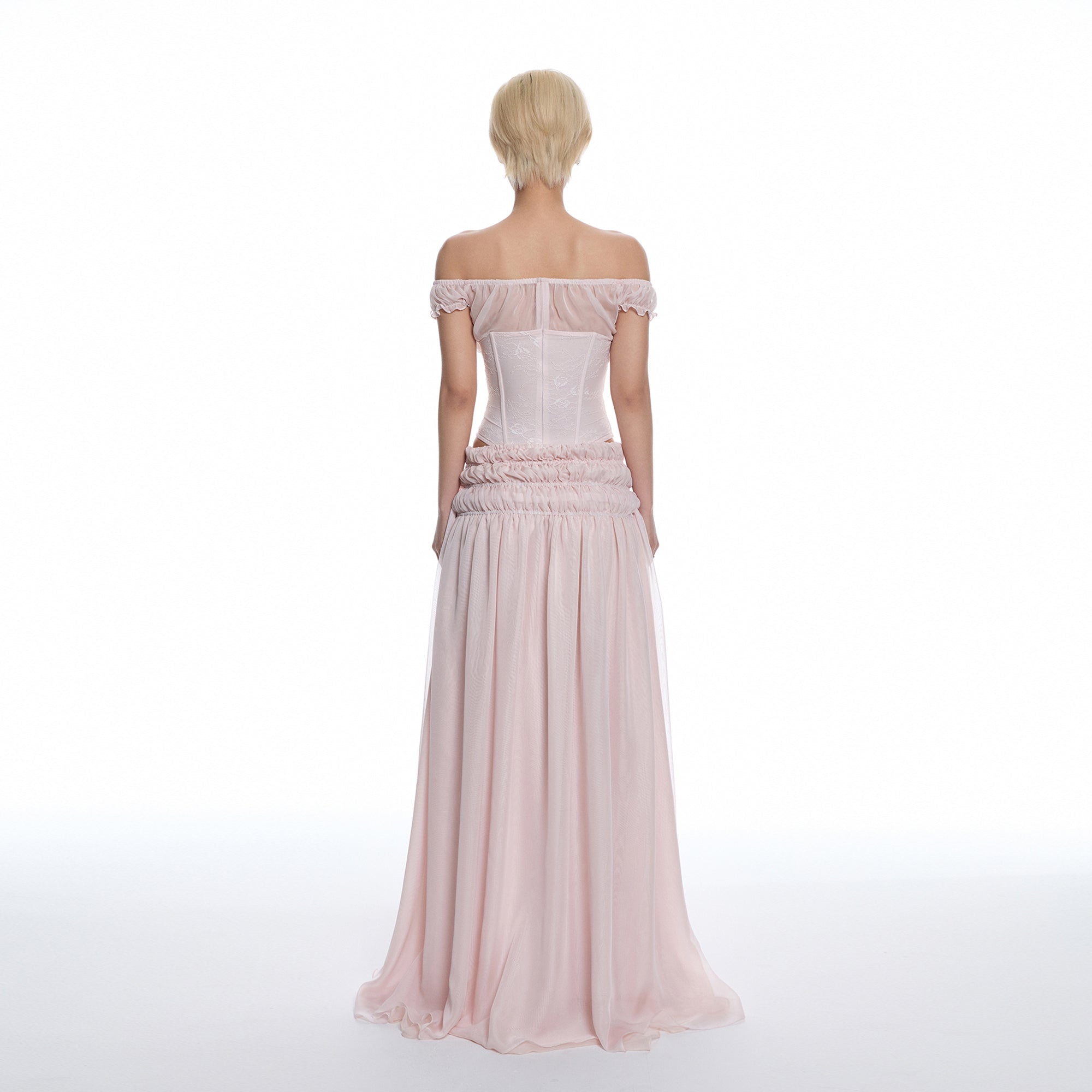 MILLIONLOTUS Off-Shoulder Corset Top & Ruched Maxi Skirt Set