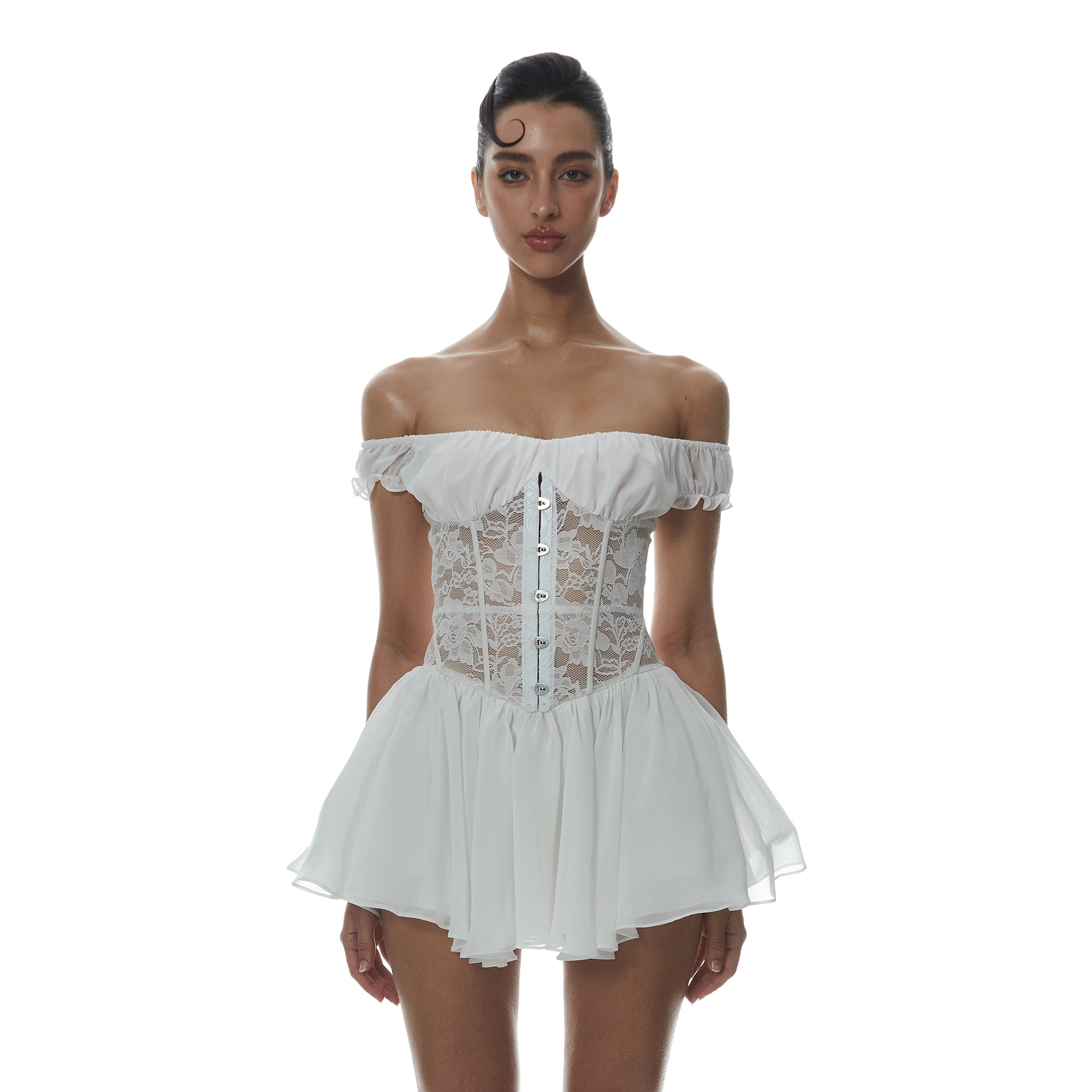MILLIONLOTUS Lace Paneled Corset Off-Shoulder Mini Dress
