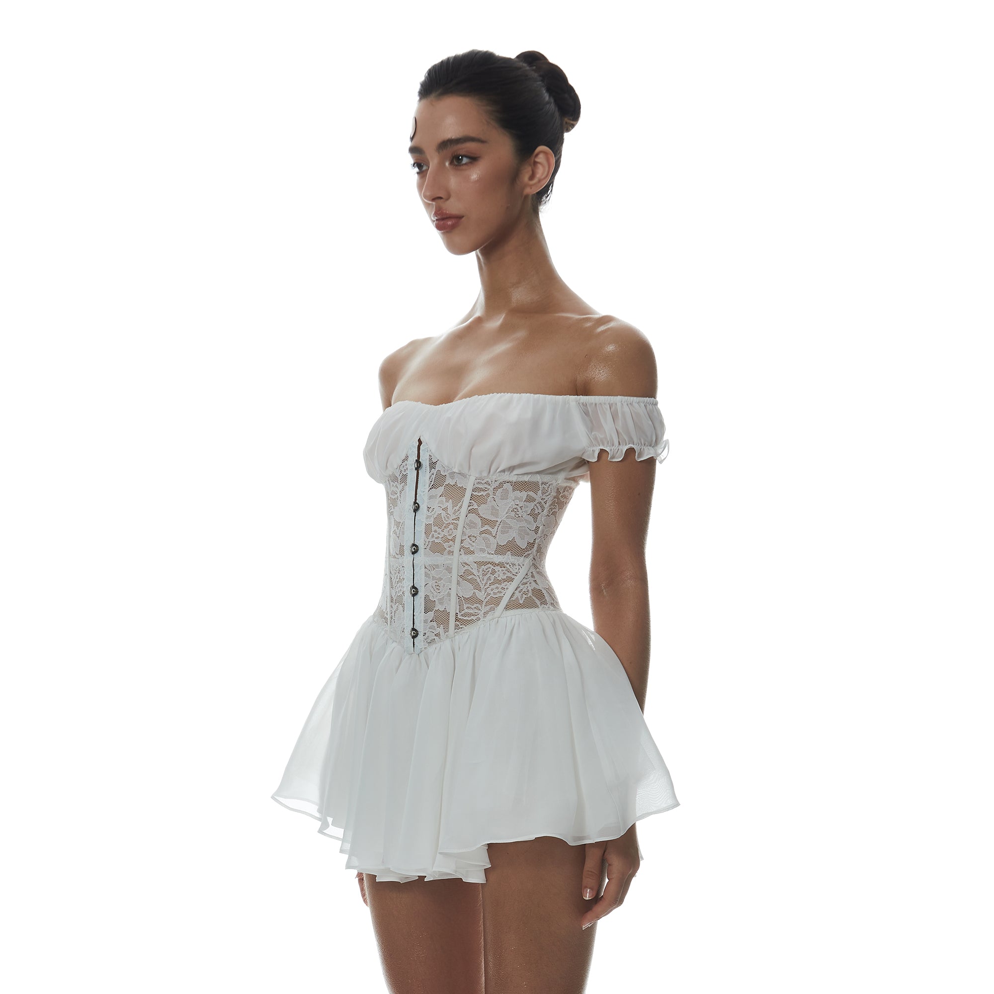 MILLIONLOTUS Lace Paneled Corset Off-Shoulder Mini Dress