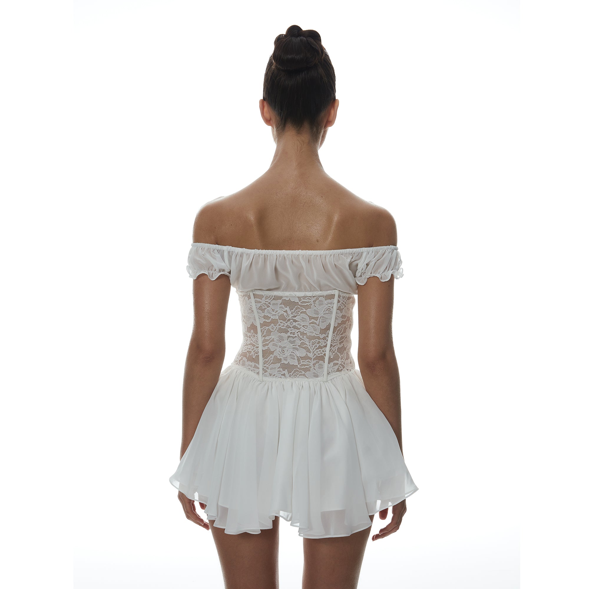 MILLIONLOTUS Lace Paneled Corset Off-Shoulder Mini Dress