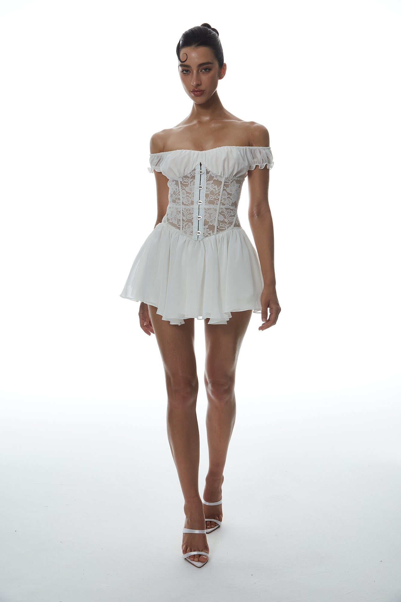 MILLIONLOTUS Lace Paneled Corset Off-Shoulder Mini Dress