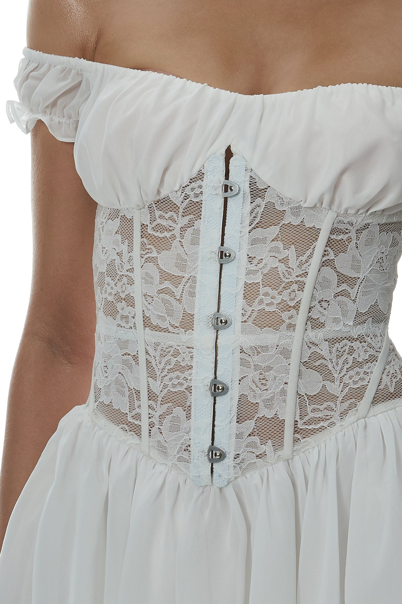 MILLIONLOTUS Lace Paneled Corset Off-Shoulder Mini Dress