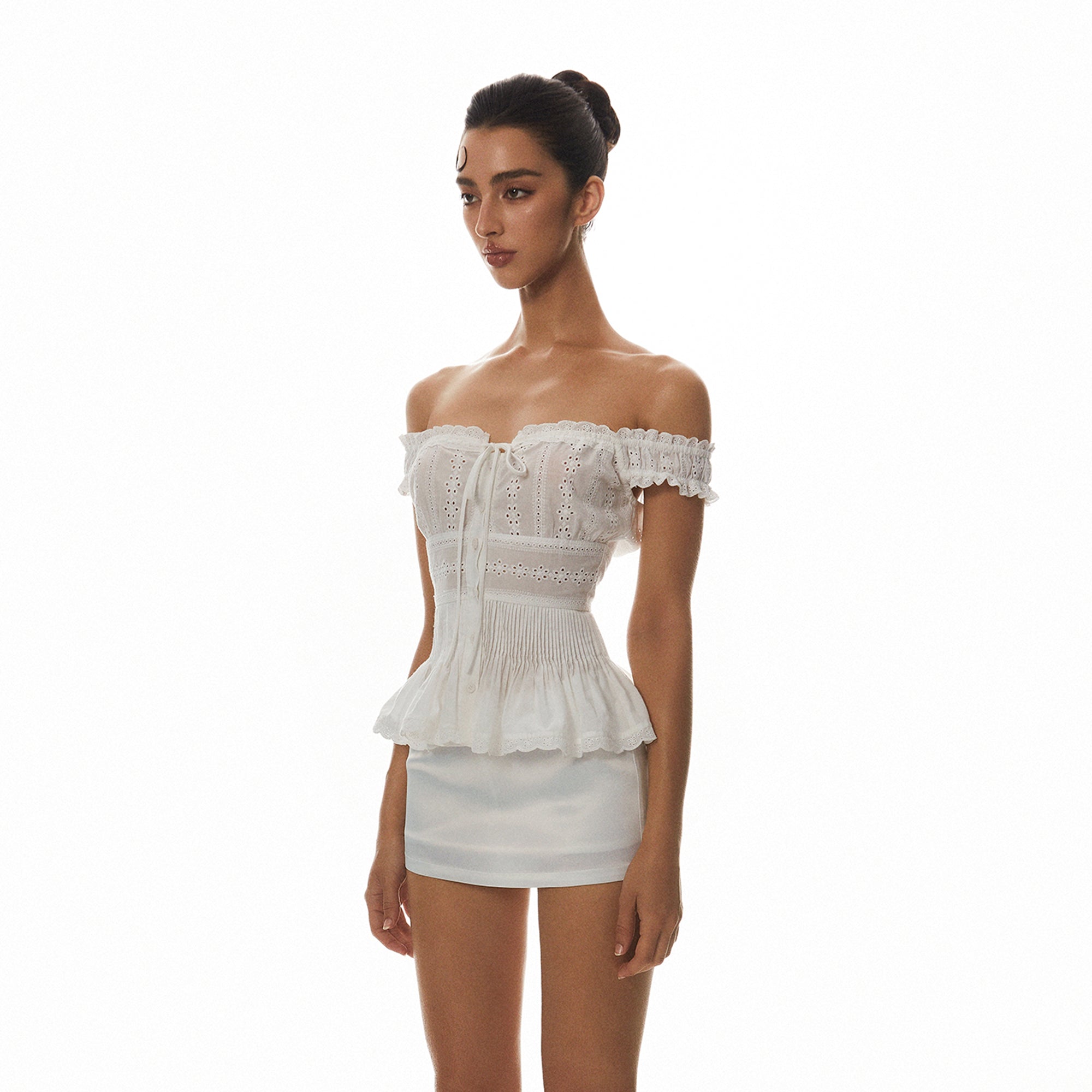 MILLIONLOTUS Eyelet Off-Shoulder Peplum Top & Mini Skirt Set
