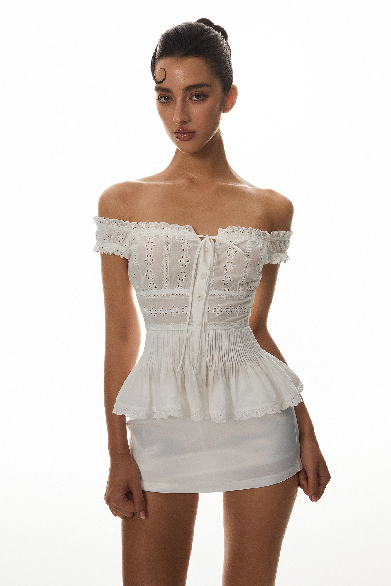 MILLIONLOTUS Eyelet Off-Shoulder Peplum Top & Mini Skirt Set