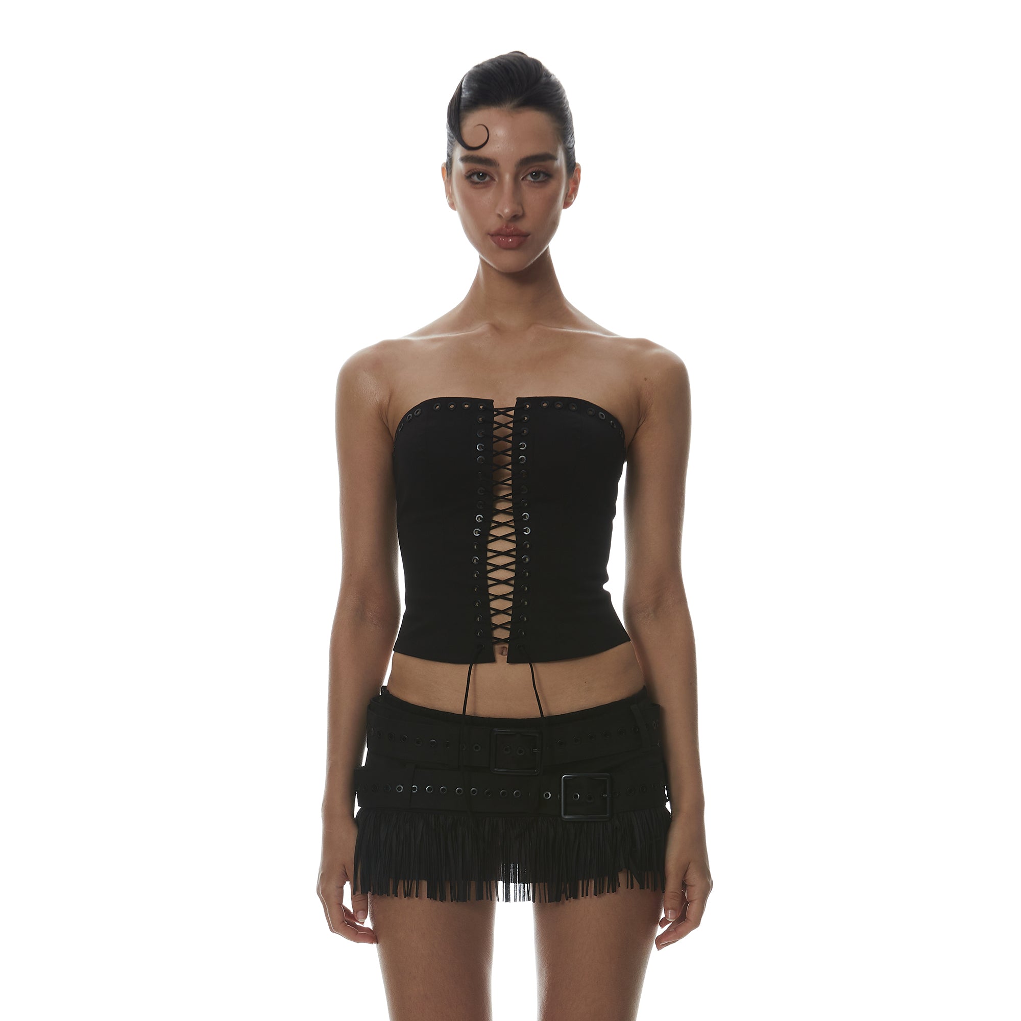 MILLIONLOTUS Lace-Up Tube Top & Double-Belt Fringe Skirt Set