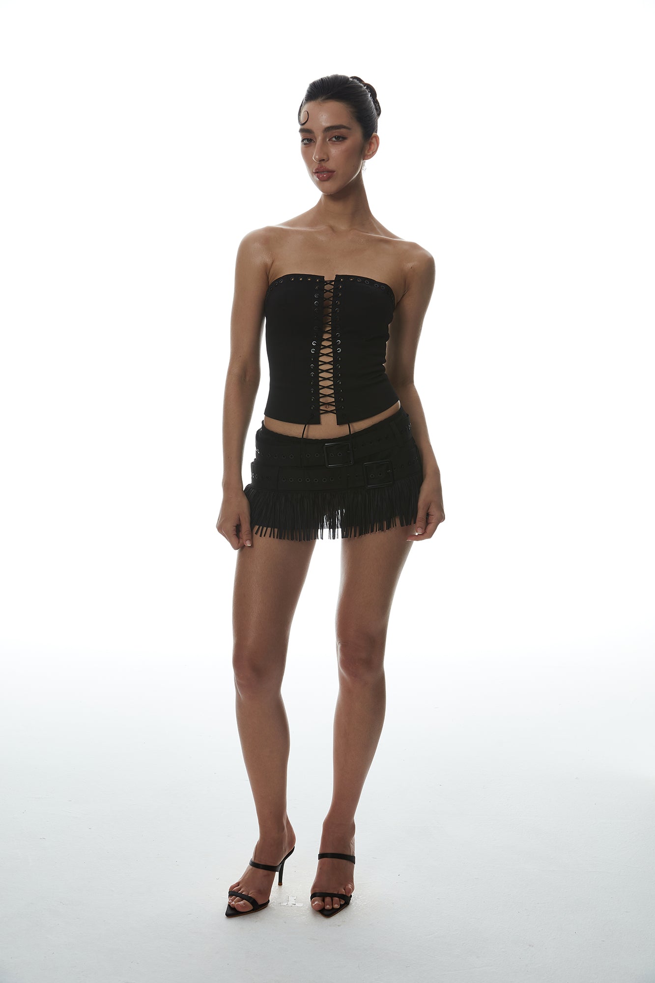 MILLIONLOTUS Lace-Up Tube Top & Double-Belt Fringe Skirt Set