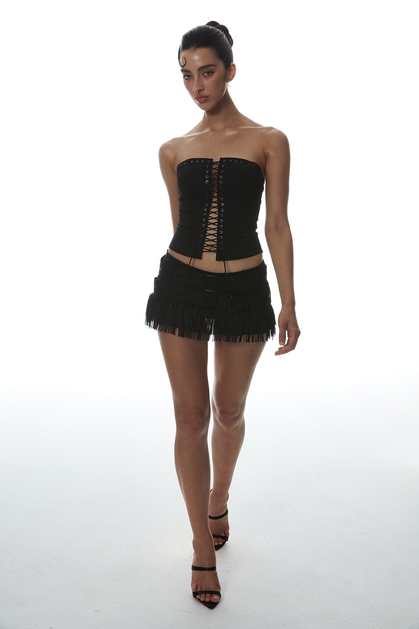 MILLIONLOTUS Lace-Up Tube Top & Double-Belt Fringe Skirt Set