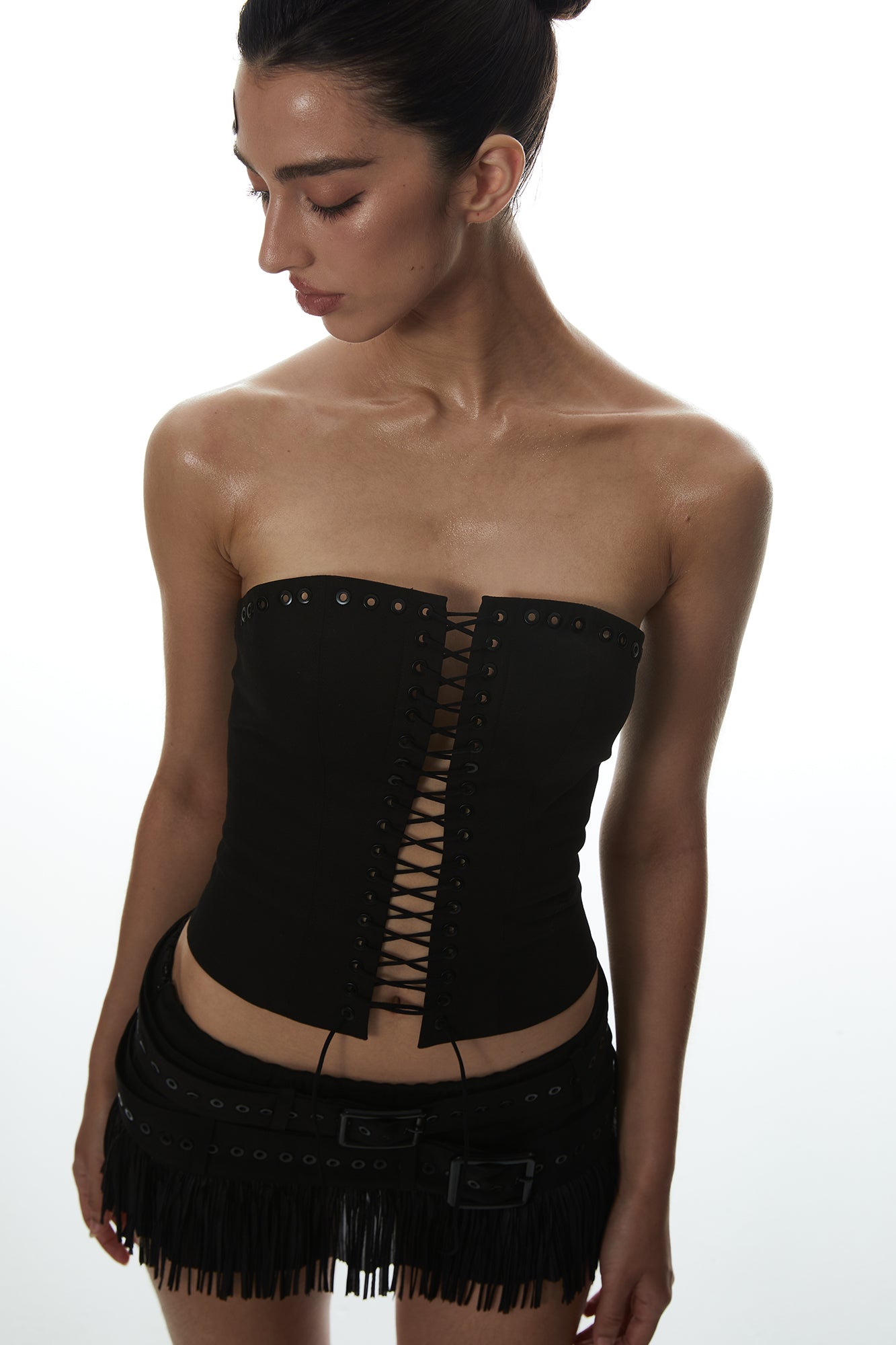 MILLIONLOTUS Lace-Up Tube Top & Double-Belt Fringe Skirt Set
