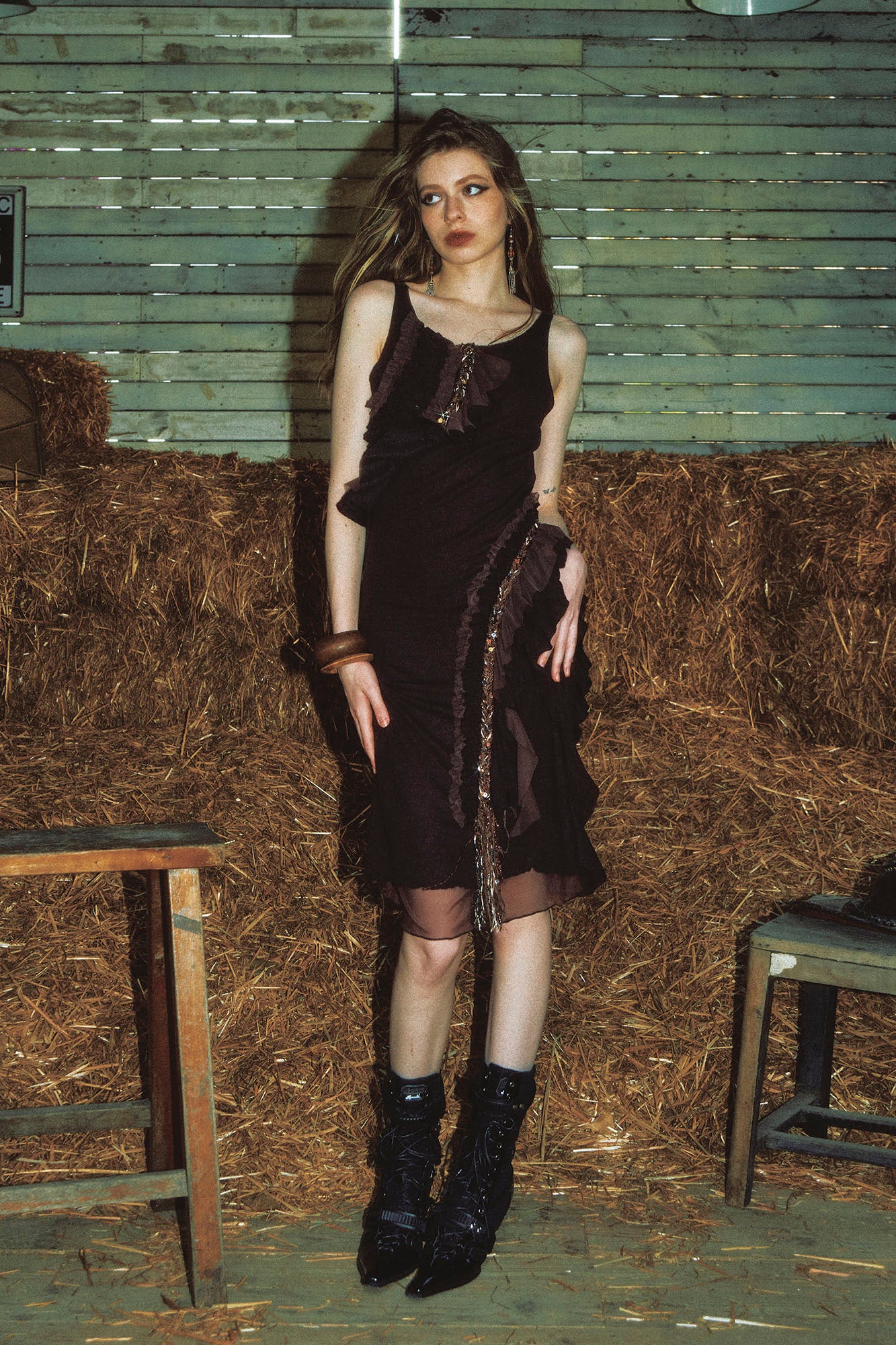 NINETYNINE PERCENT Sheer-Back Ruffle-Trim Midi Dress