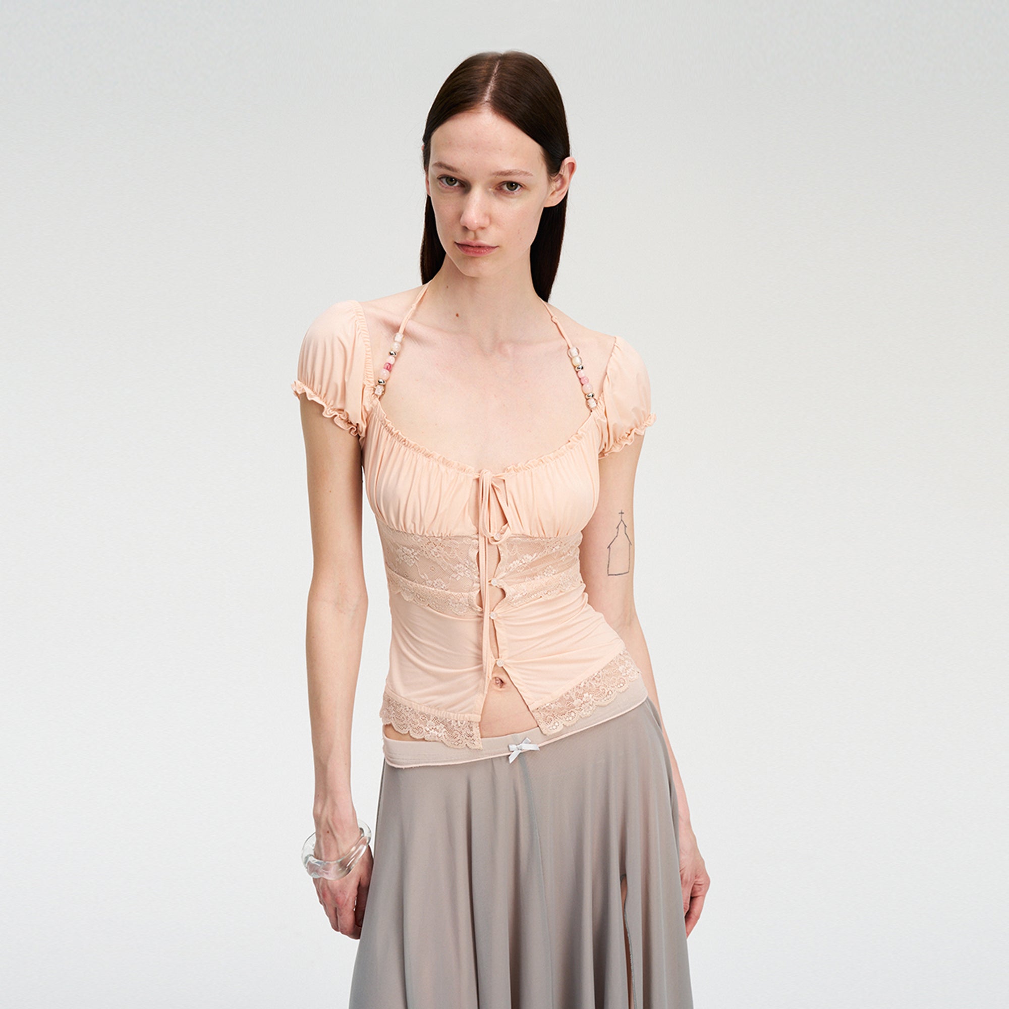 DOTYEARS Beaded Strap Lace Tie-Front Cardigan