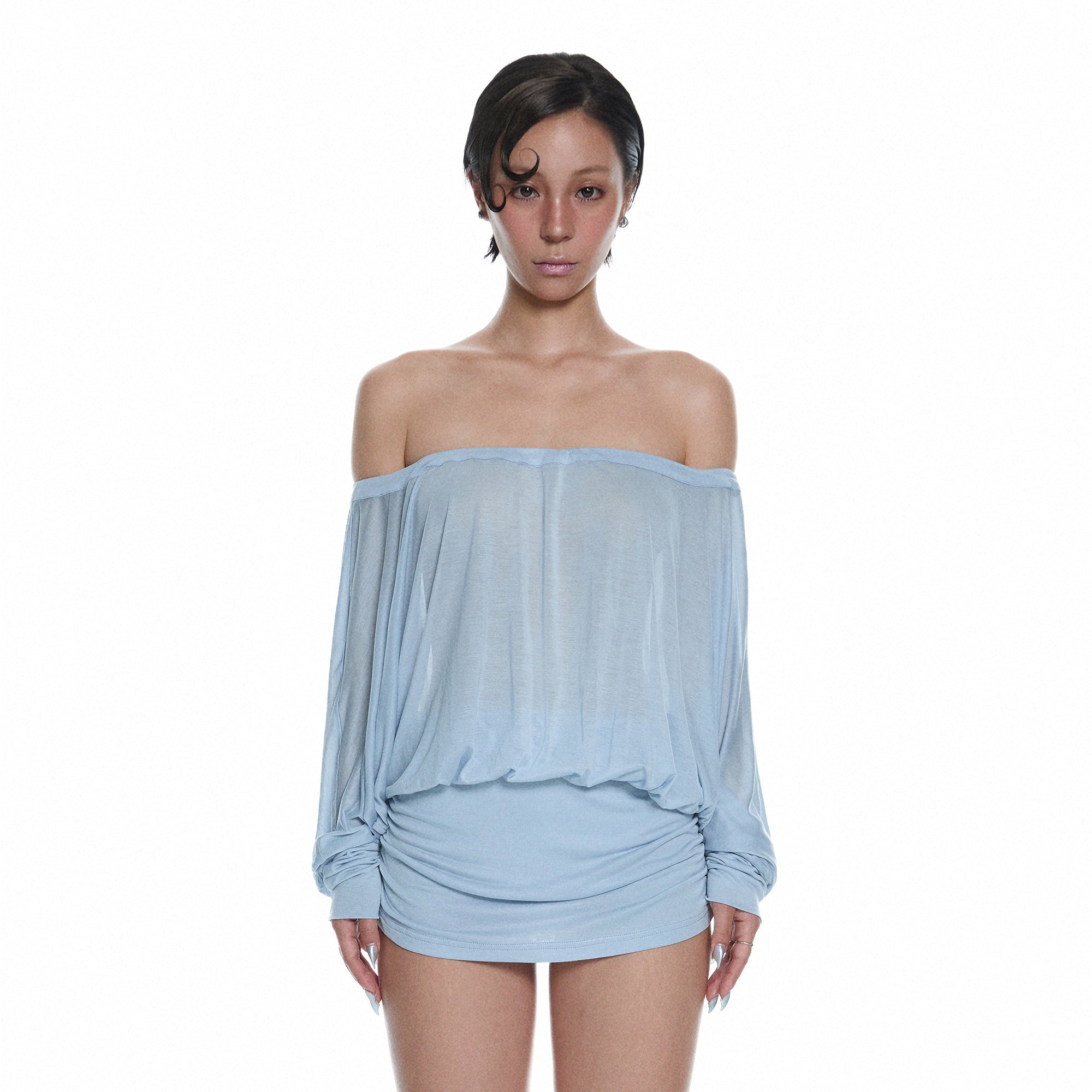 MILLIONLOTUS Off-Shoulder Blouson Ruched Mini Dress