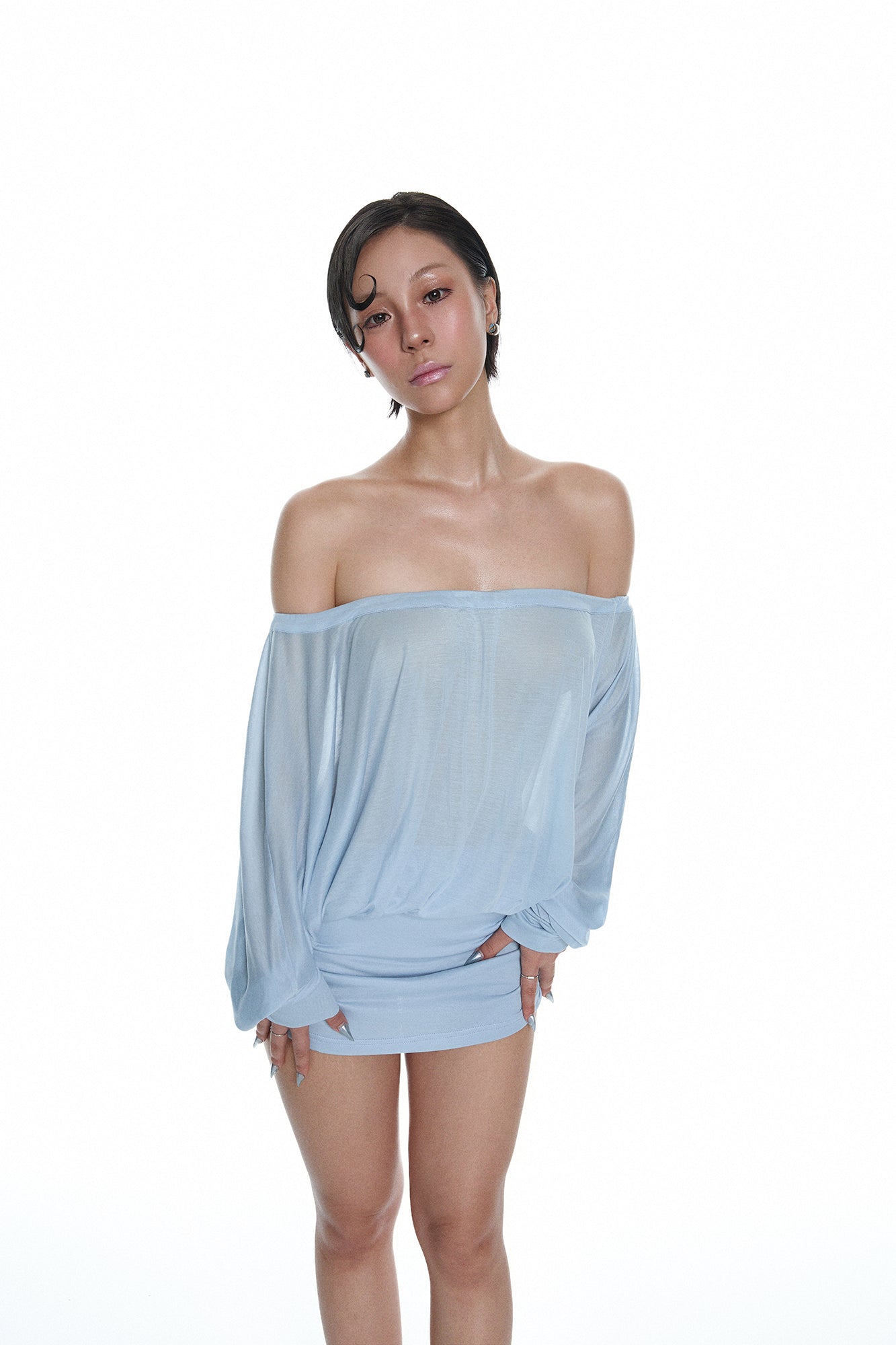 MILLIONLOTUS Off-Shoulder Blouson Ruched Mini Dress