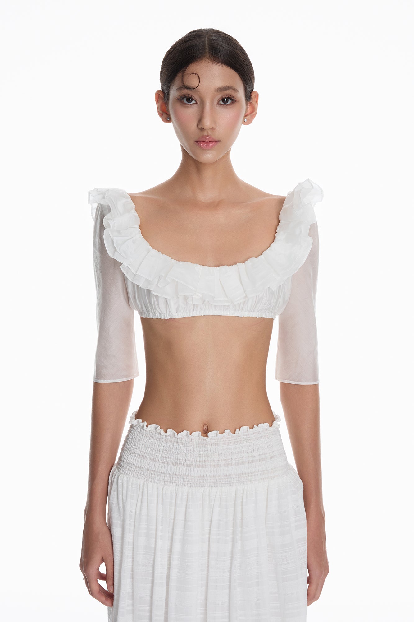 MILLIONLOTUS Ruffle Crop Top & Smocked Maxi Skirt Set