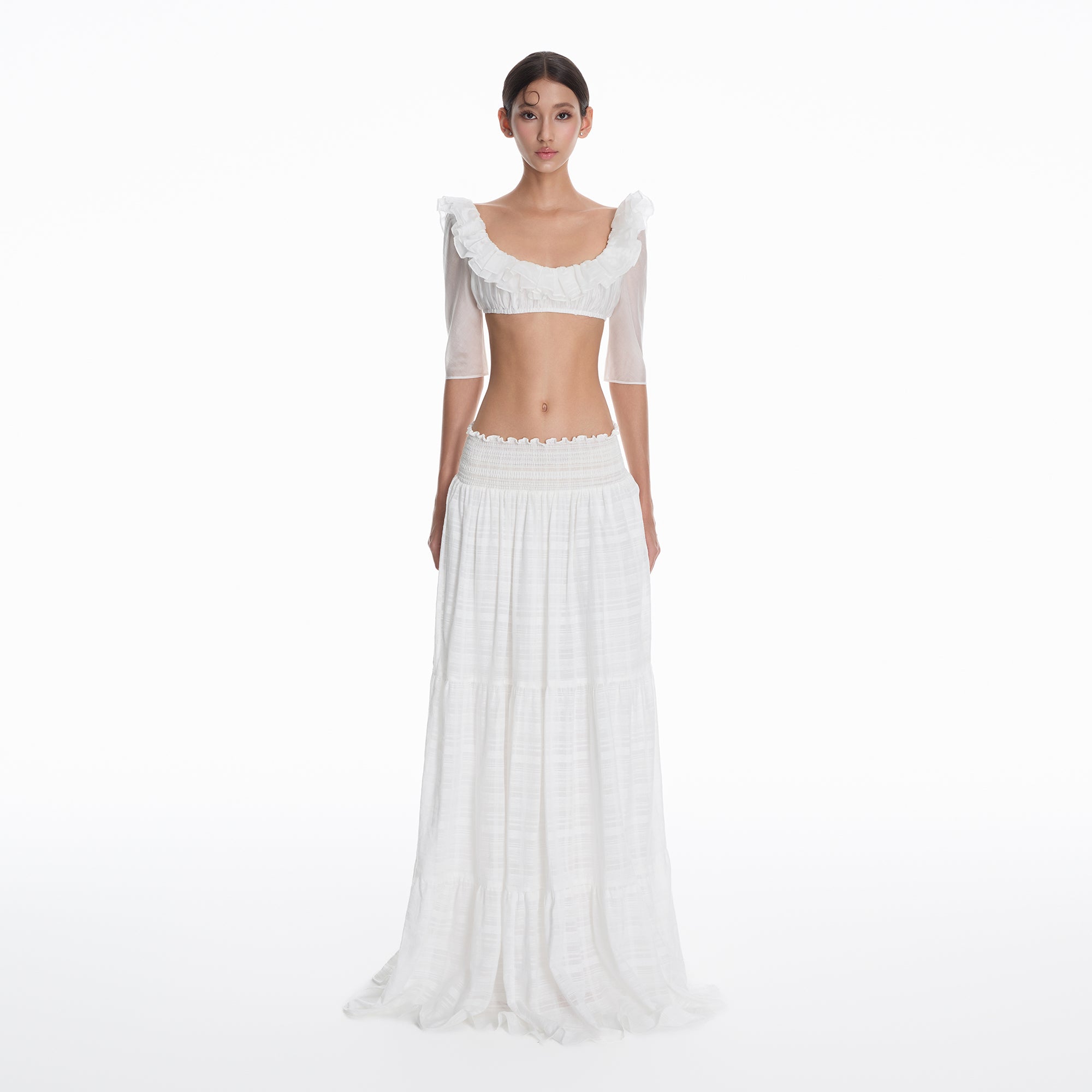MILLIONLOTUS Ruffle Crop Top & Smocked Maxi Skirt Set