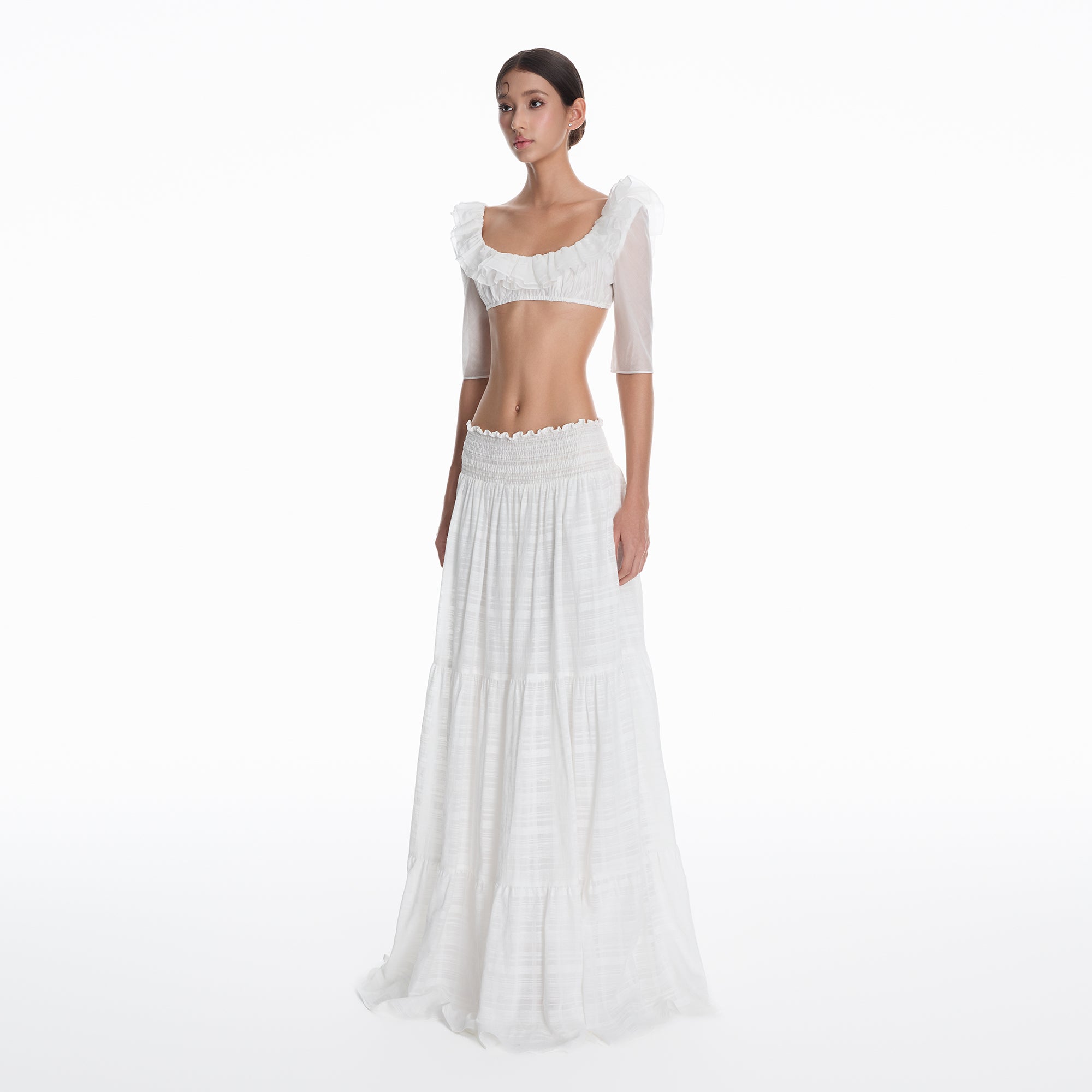 MILLIONLOTUS Ruffle Crop Top & Smocked Maxi Skirt Set