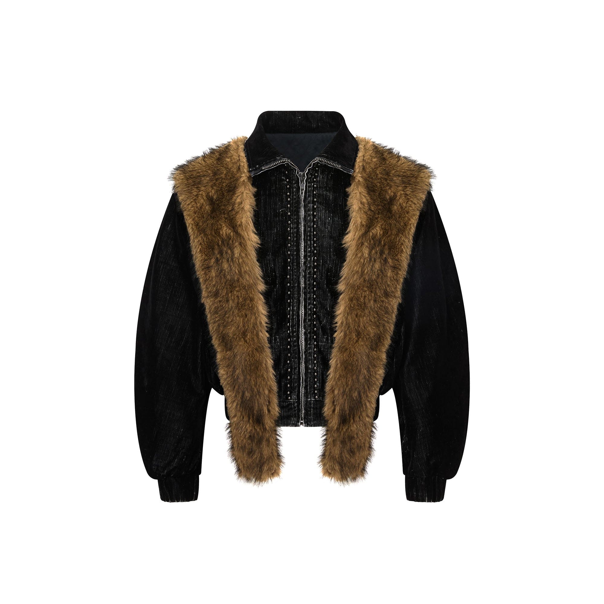 RECOVER ZONE Detachable Faux Fur Hood Studded Jacket, premium urban and streetwear designers apparel on PROJECTISR.com, RECOVER ZONE
