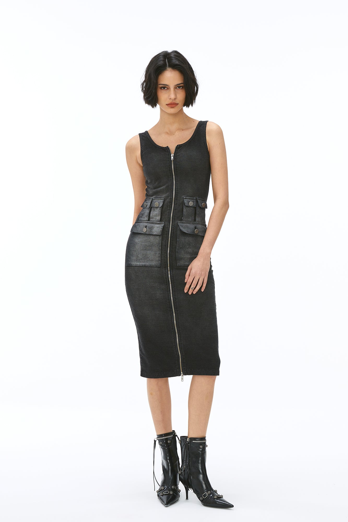 VANN VALRENCE Washed Utility Zip-Up Tank Dress