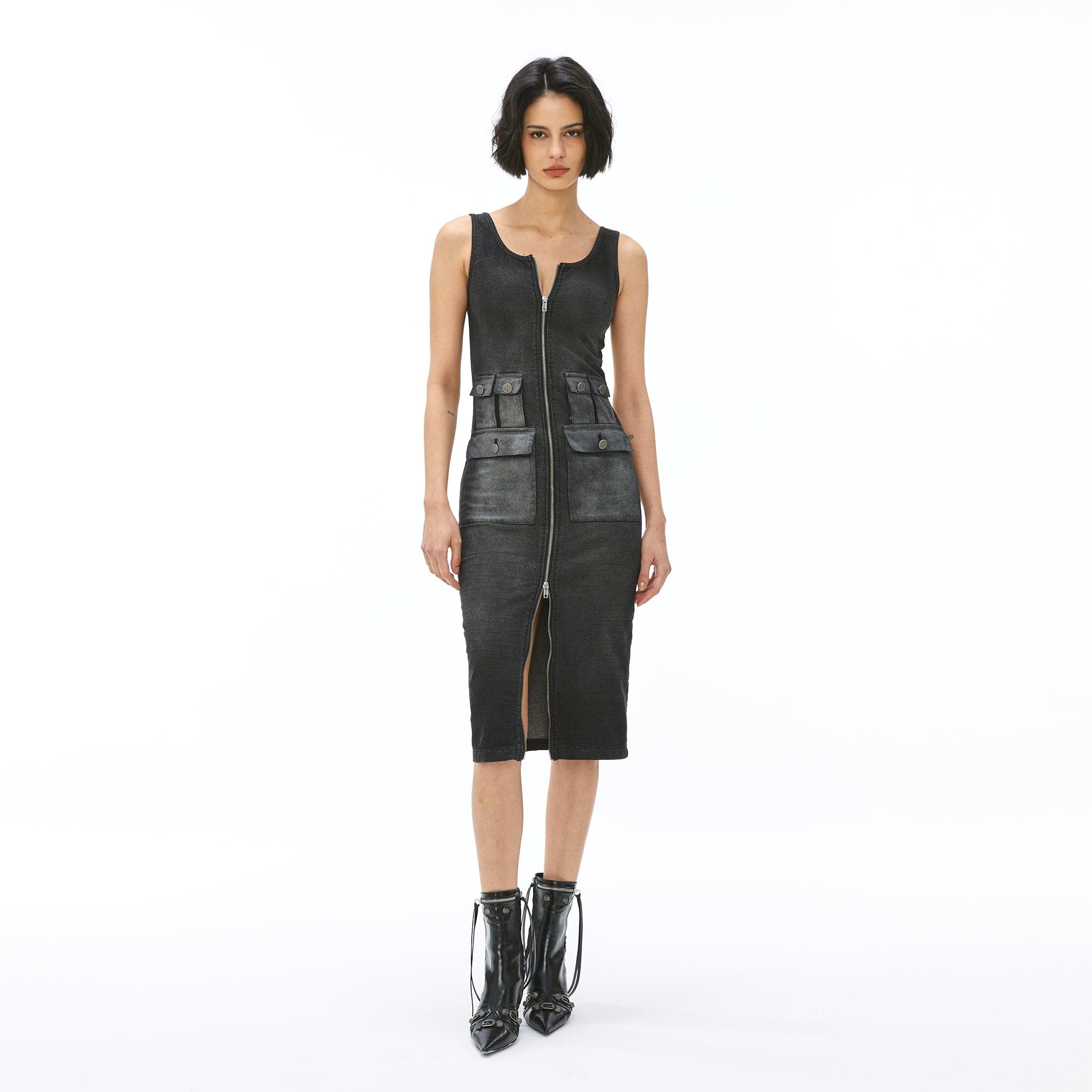 VANN VALRENCE Washed Utility Zip-Up Tank Dress