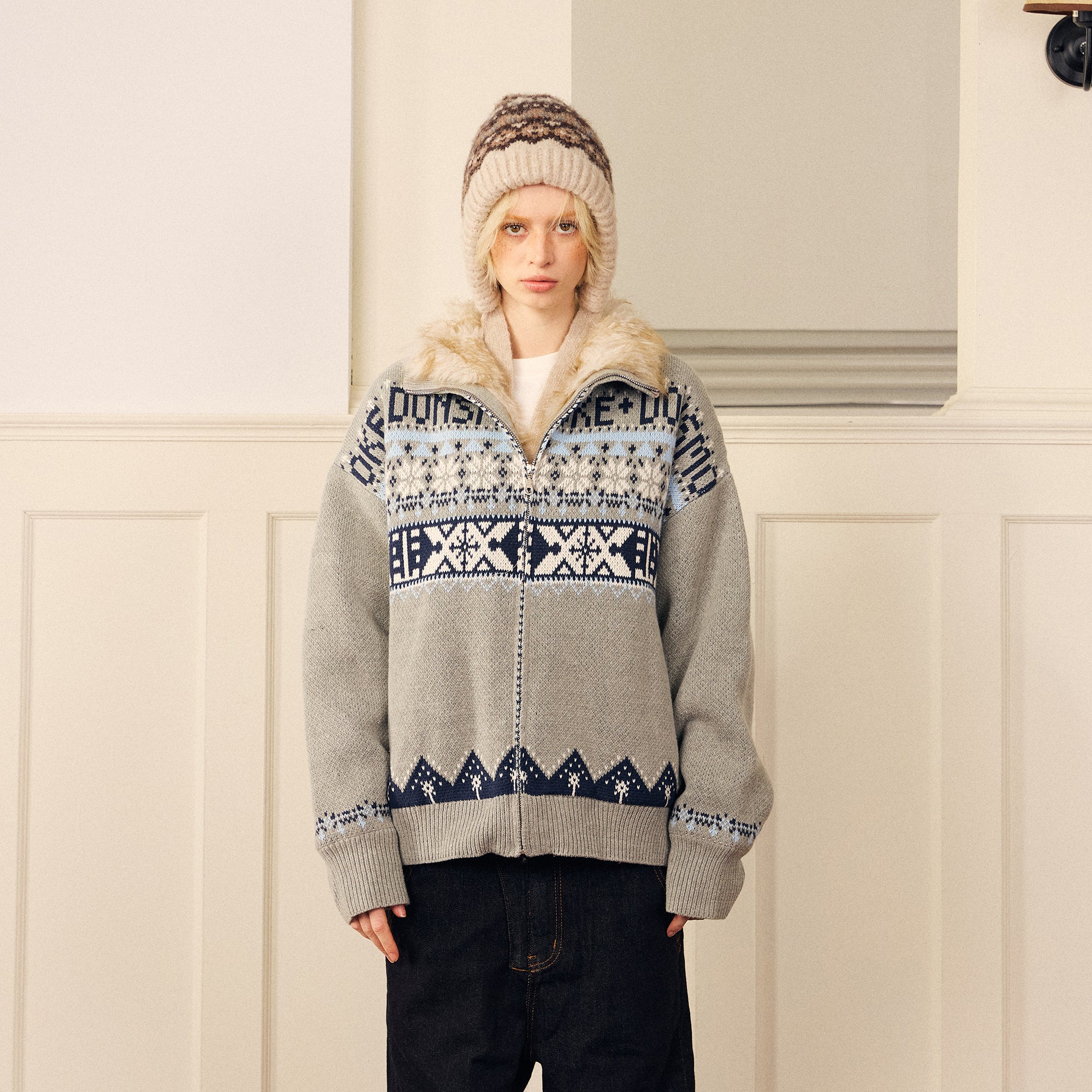 DONSMOKE Retro Fair Isle Faux Fur Lined Knit Jacket