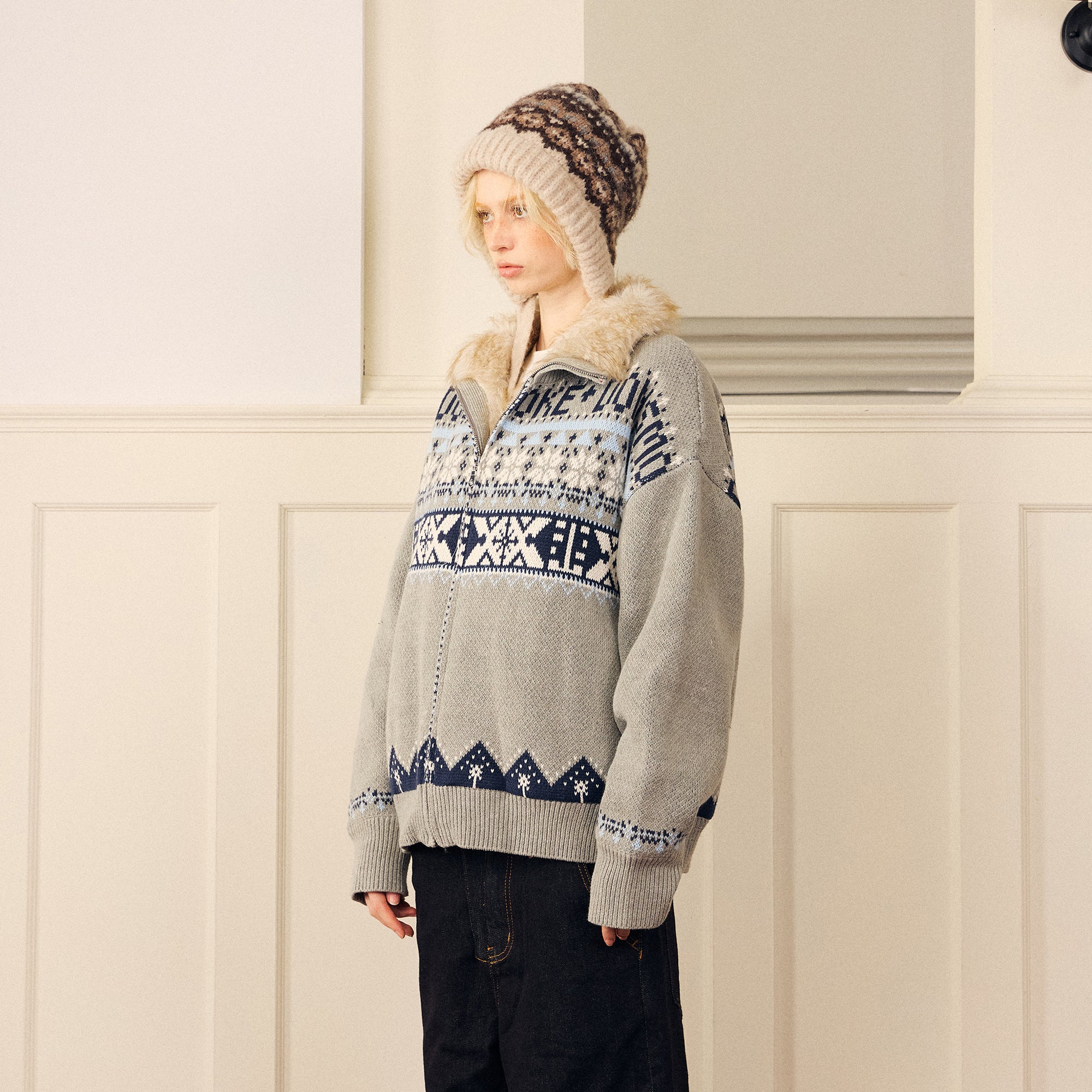 DONSMOKE Retro Fair Isle Faux Fur Lined Knit Jacket