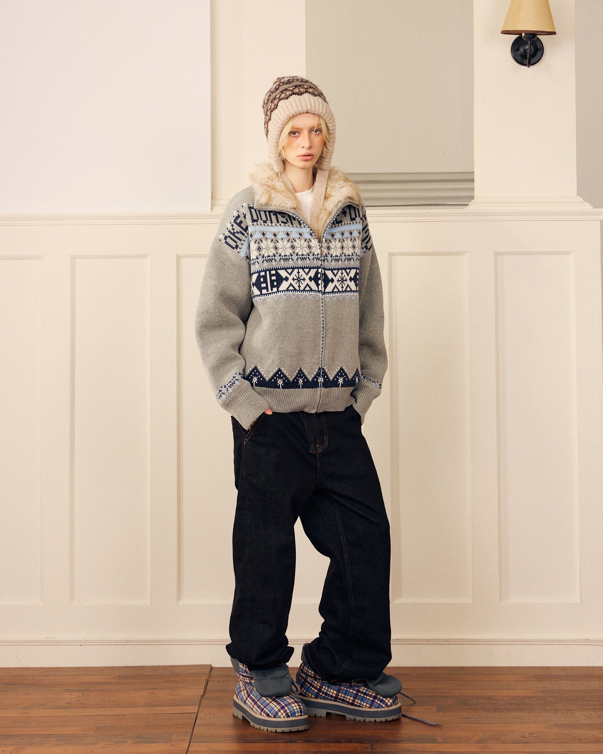 DONSMOKE Retro Fair Isle Faux Fur Lined Knit Jacket