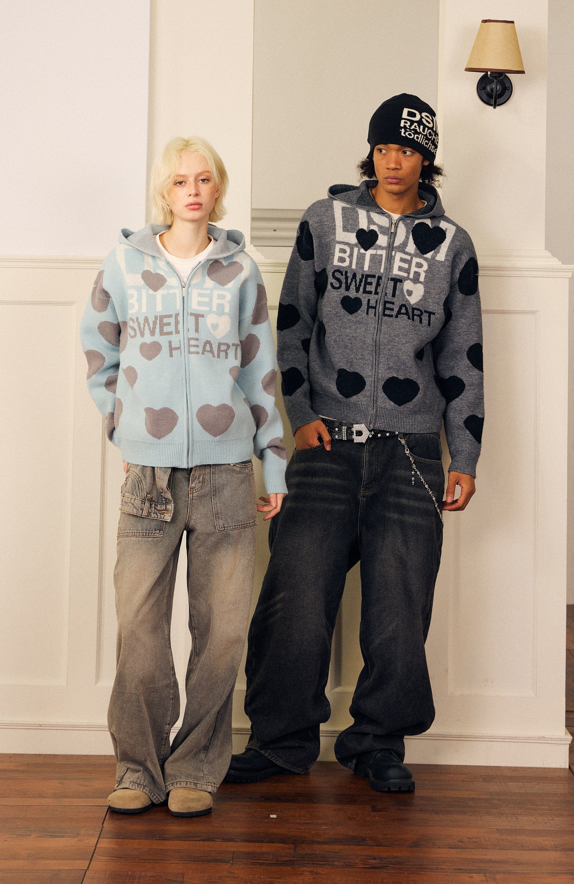DONSMOKE Heart Full-Print Knit Zip-Up Hoodie