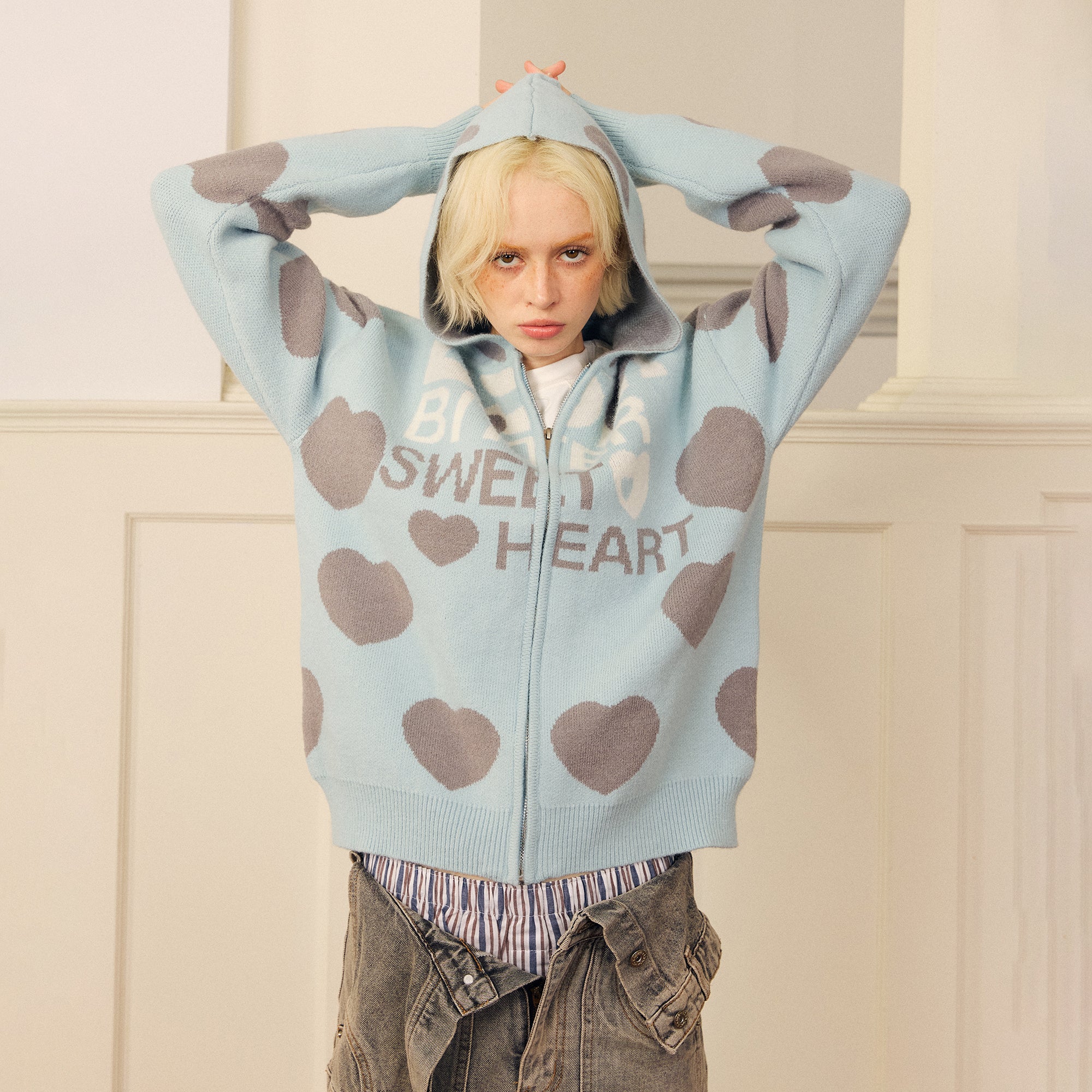 DONSMOKE Heart Full-Print Knit Zip-Up Hoodie
