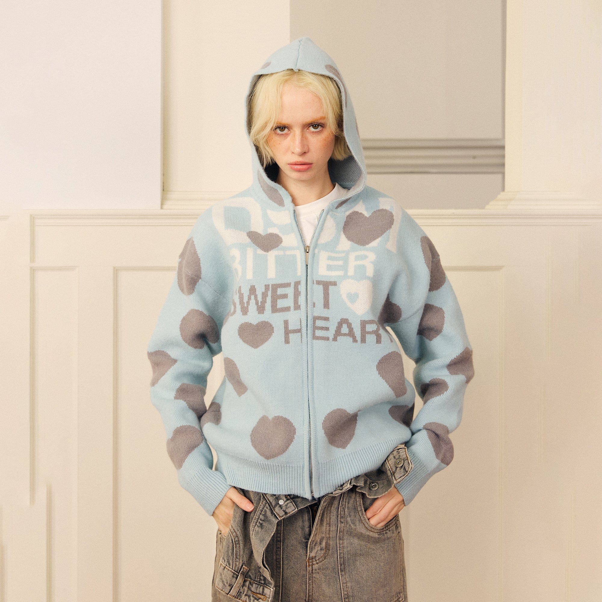 DONSMOKE Heart Full-Print Knit Zip-Up Hoodie