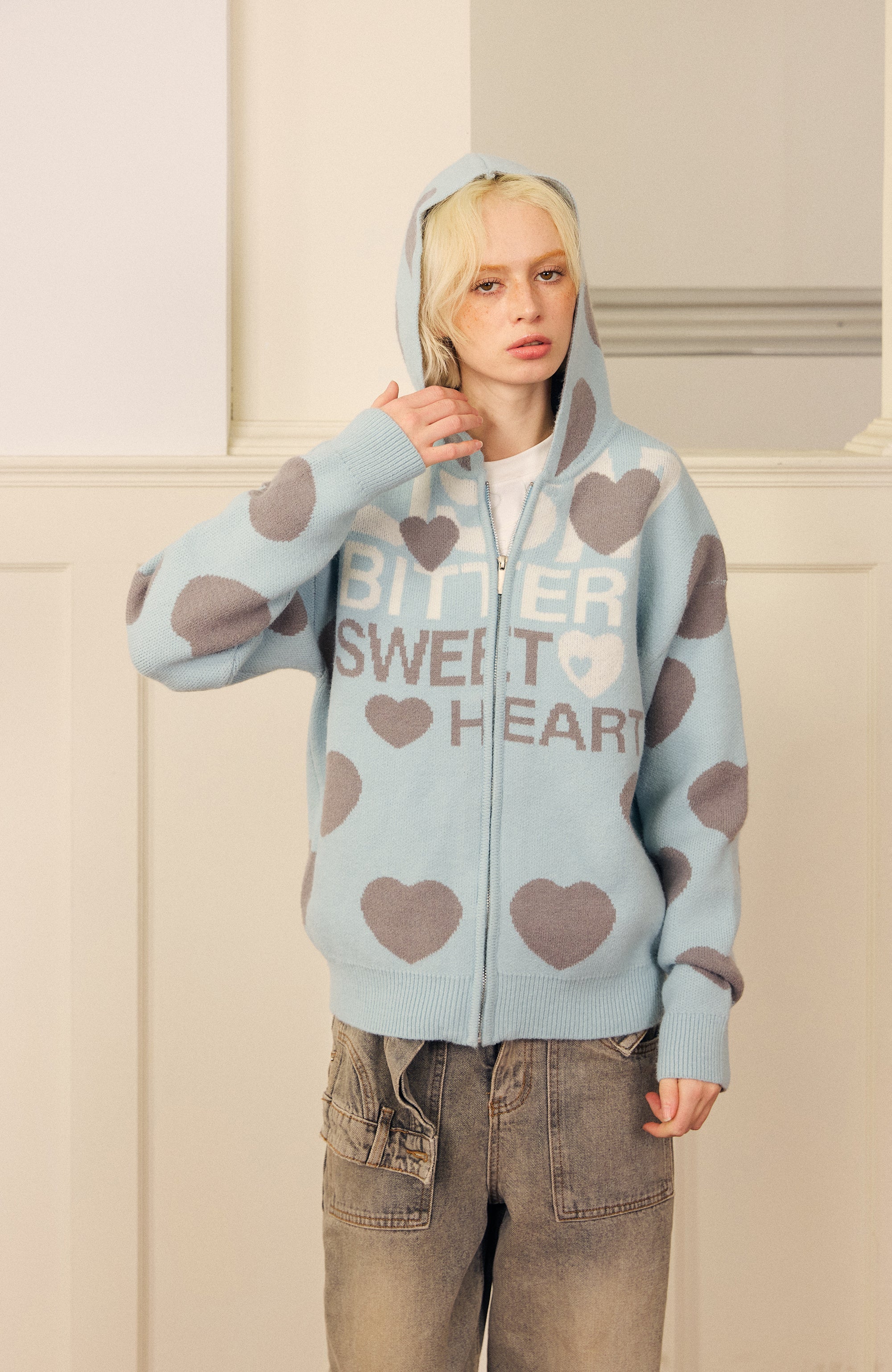 DONSMOKE Heart Full-Print Knit Zip-Up Hoodie