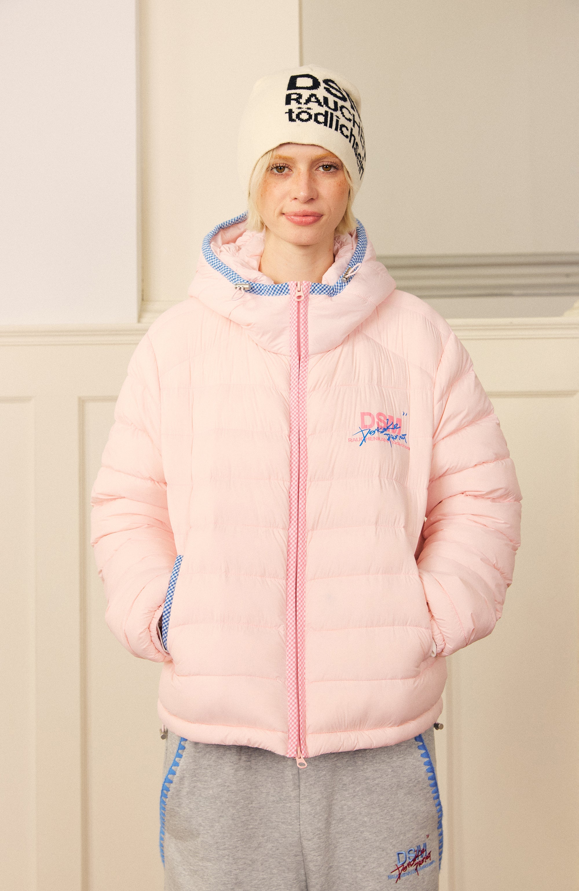 DONSMOKE Plaid Trim Hooded Down Puffer