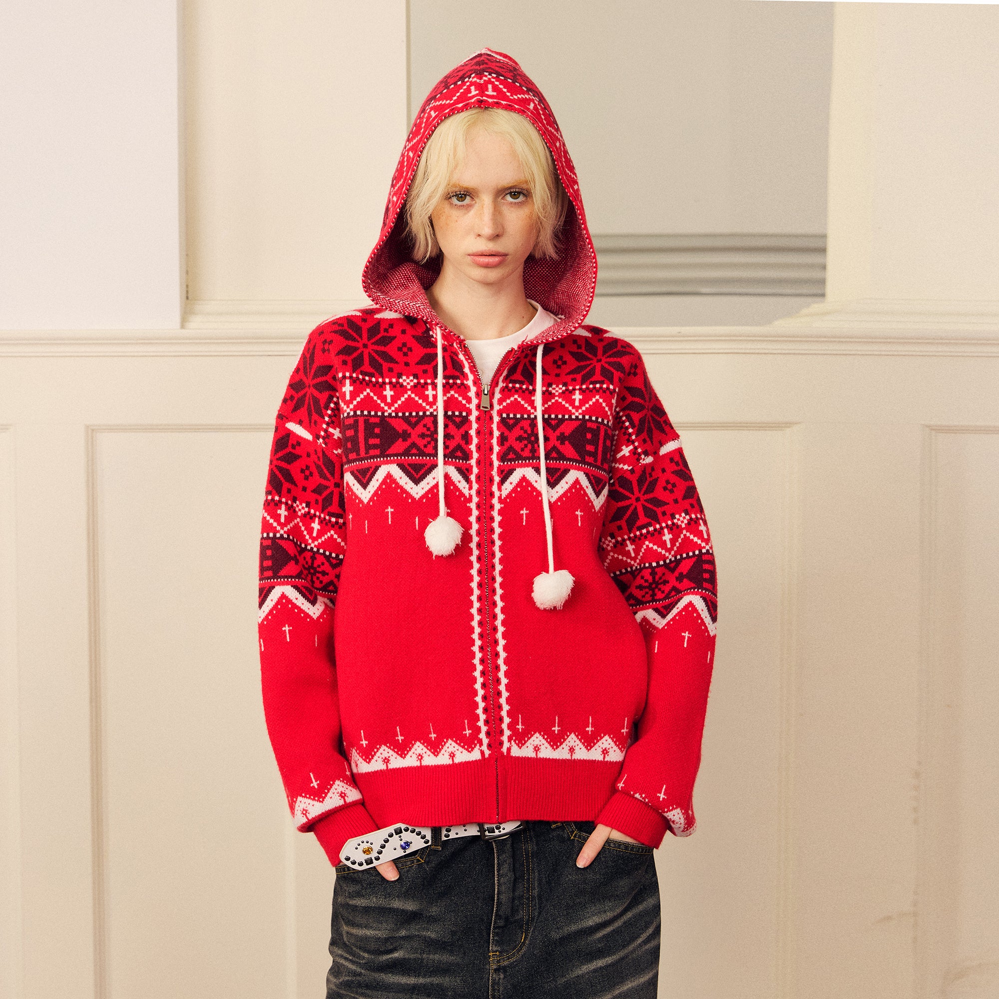 DONSMOKE Retro Fair Isle Pom Zip-Up Hoodie