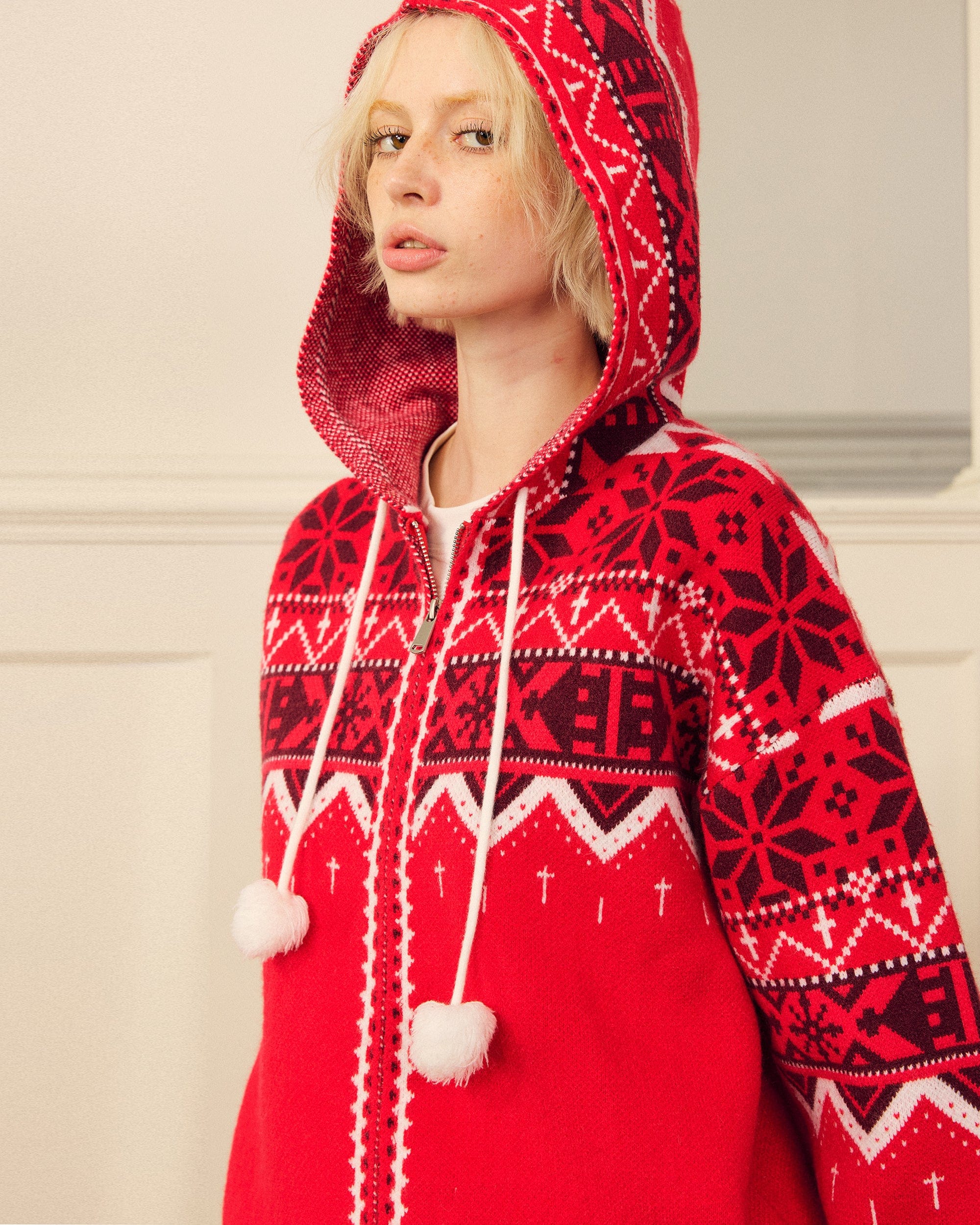 DONSMOKE Retro Fair Isle Pom Zip-Up Hoodie