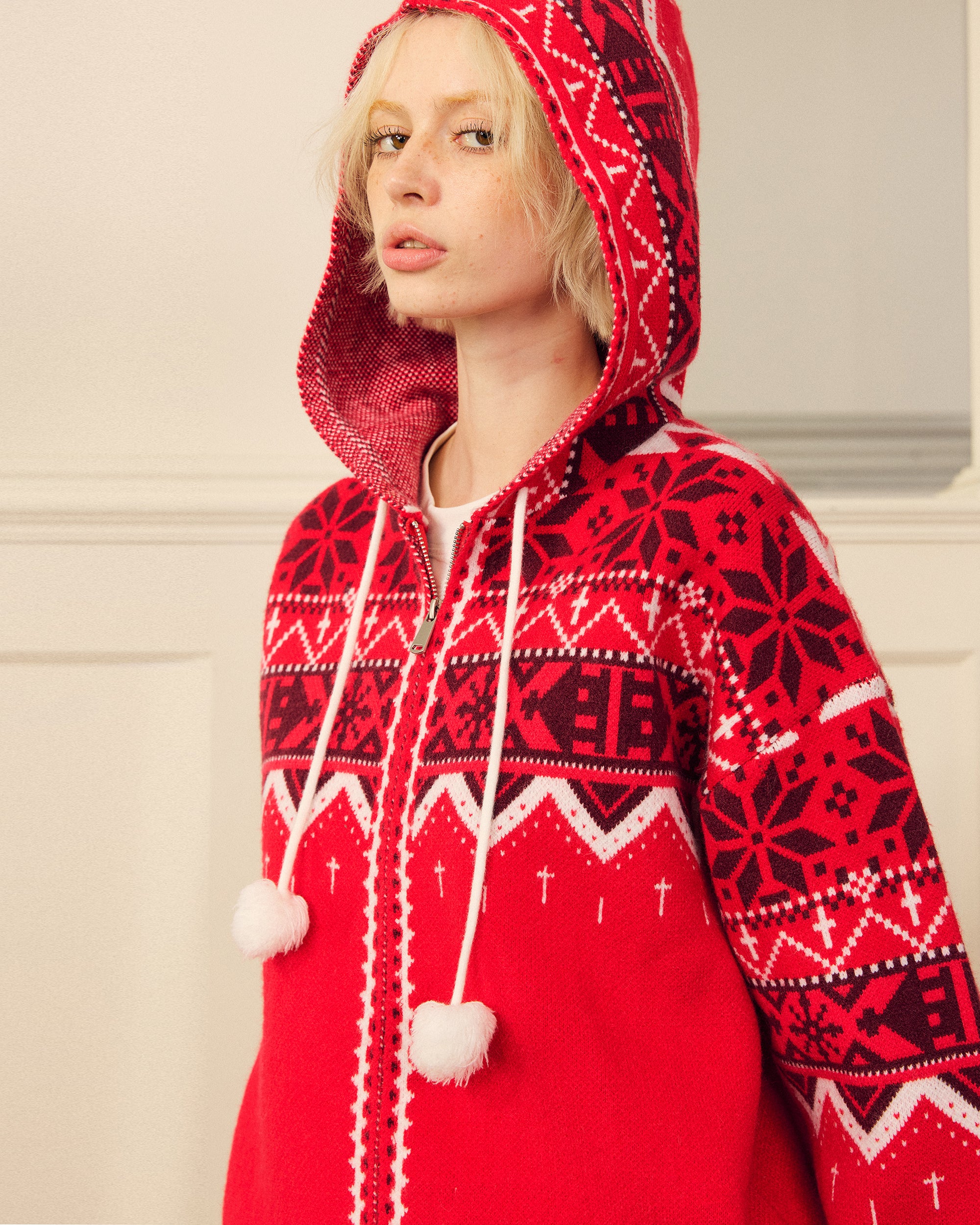 DONSMOKE Retro Fair Isle Pom Zip-Up Hoodie