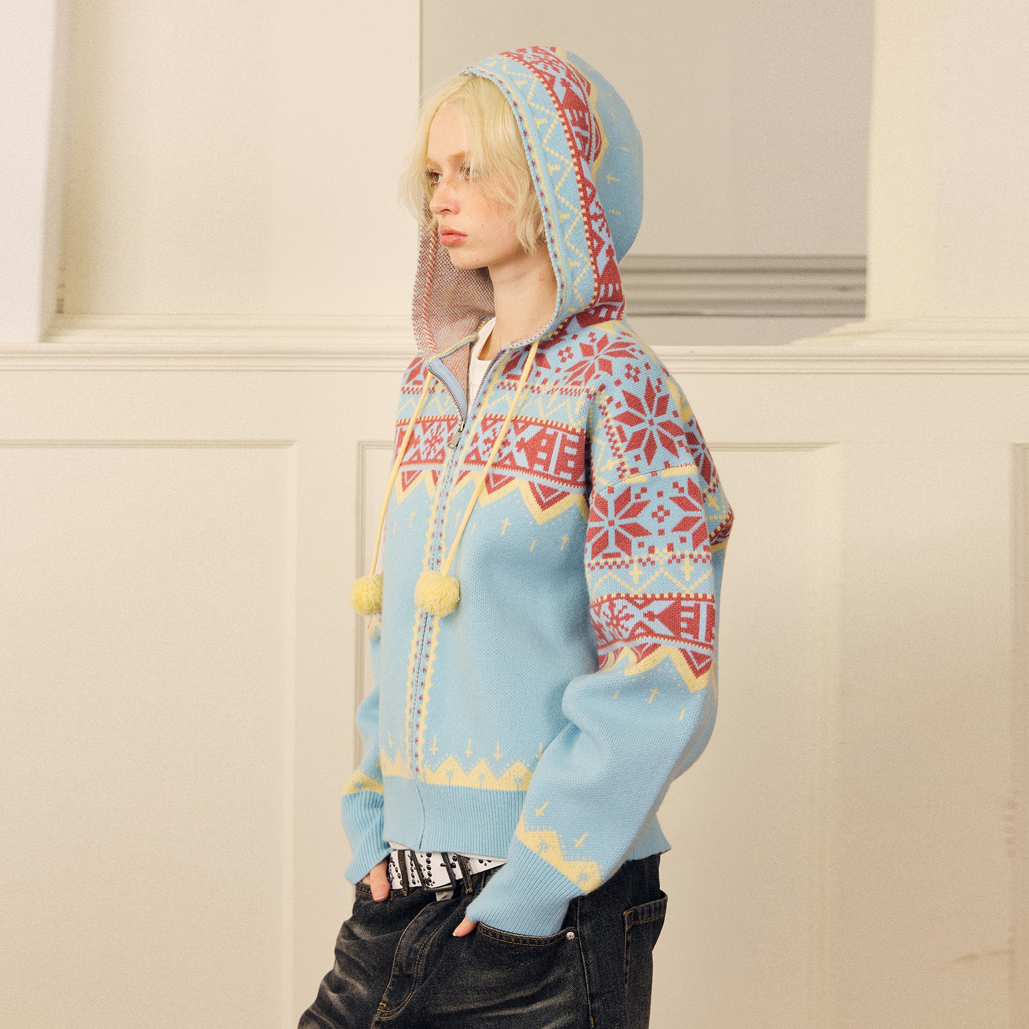 DONSMOKE Retro Fair Isle Pom Zip-Up Hoodie
