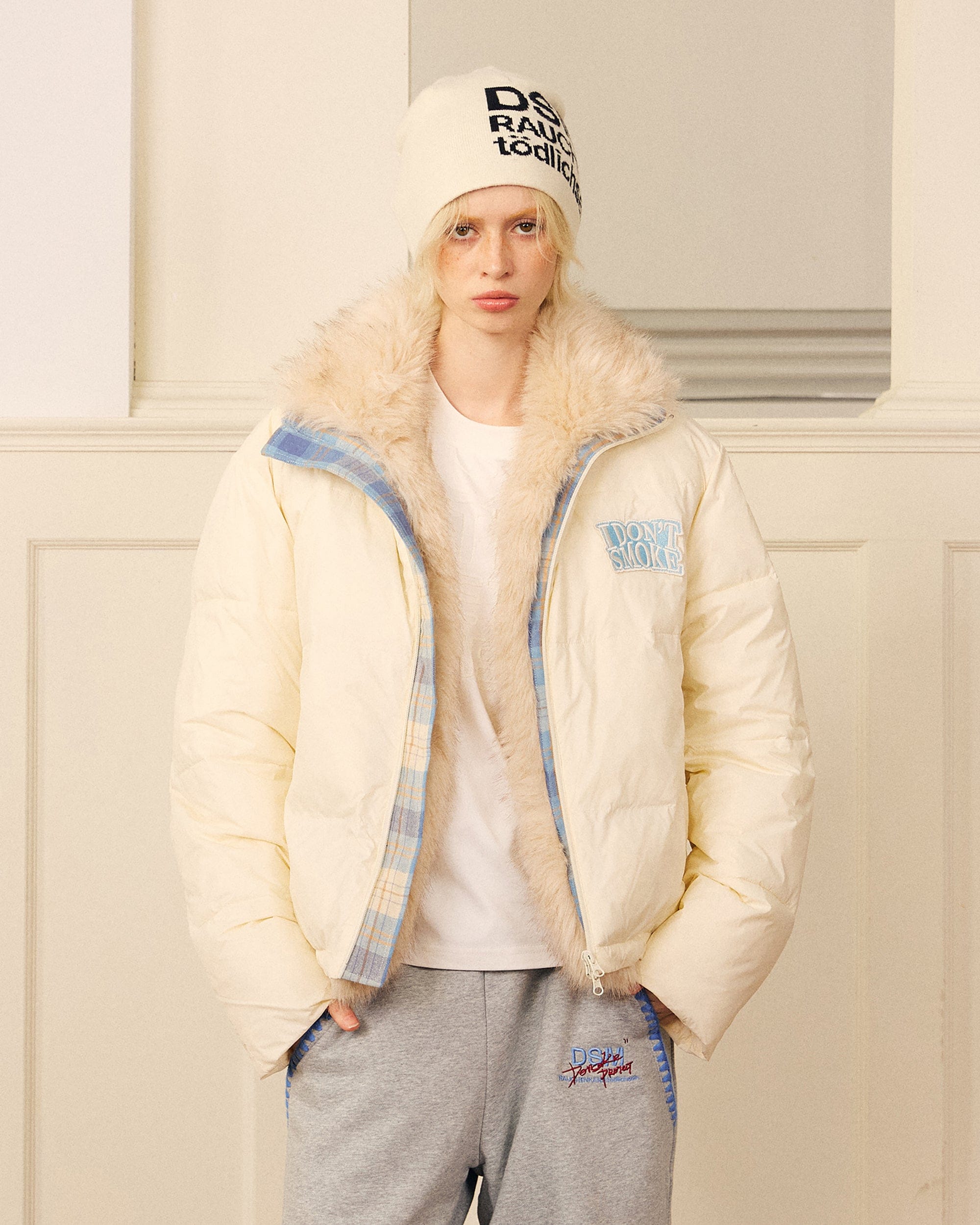 DONSMOKE Modern Fair Isle Faux Fur Lined Puffer Jacket