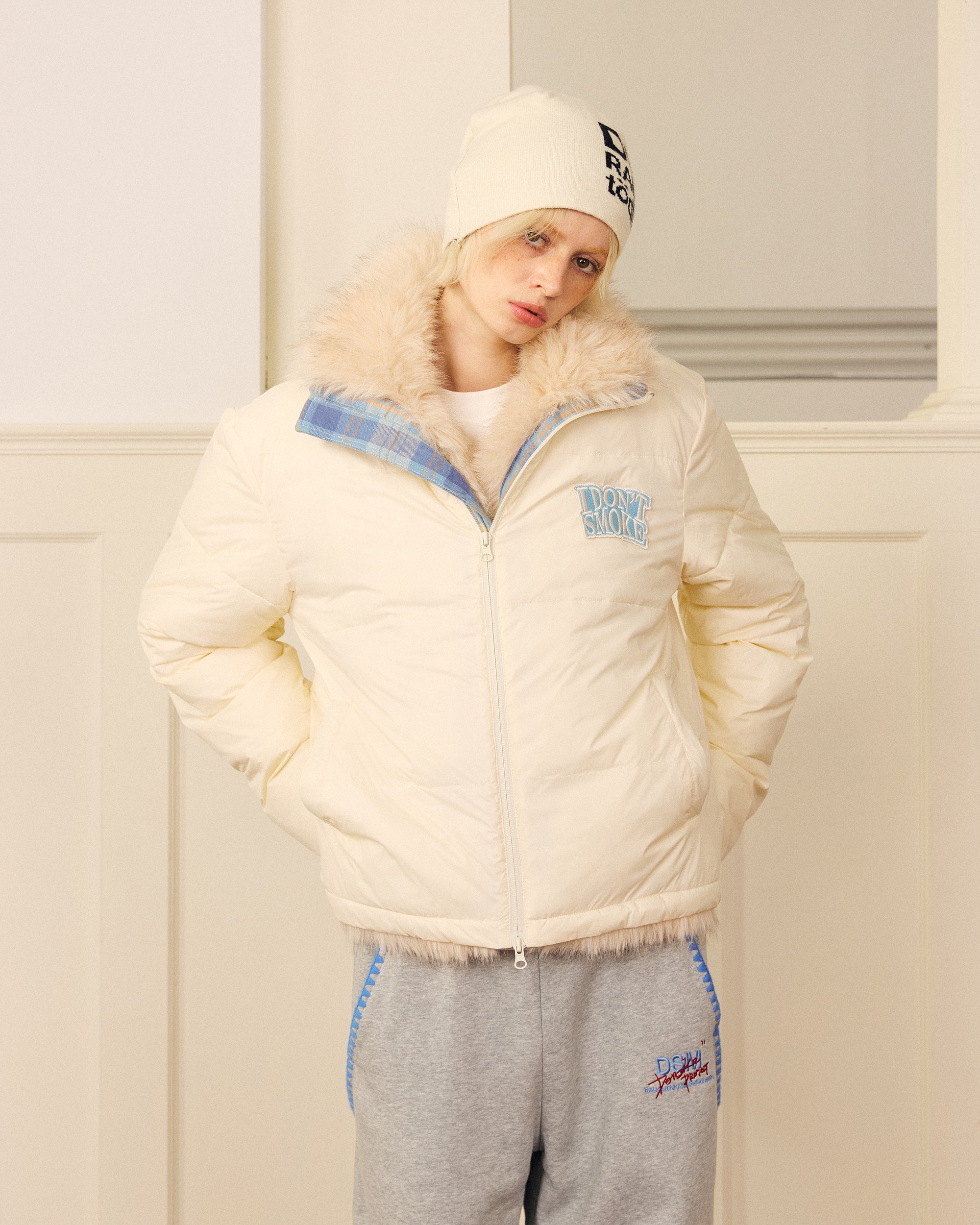 DONSMOKE Modern Fair Isle Faux Fur Lined Puffer Jacket