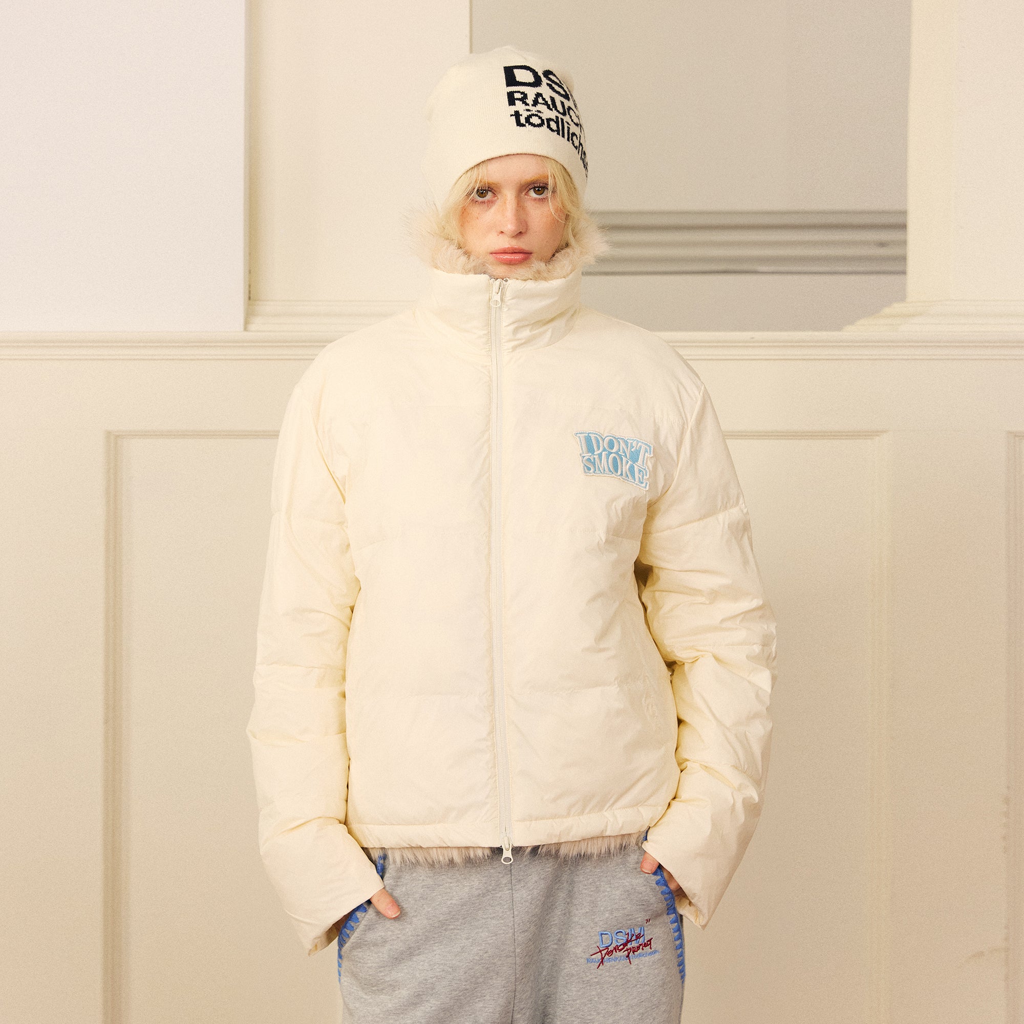 DONSMOKE Modern Fair Isle Faux Fur Lined Puffer Jacket