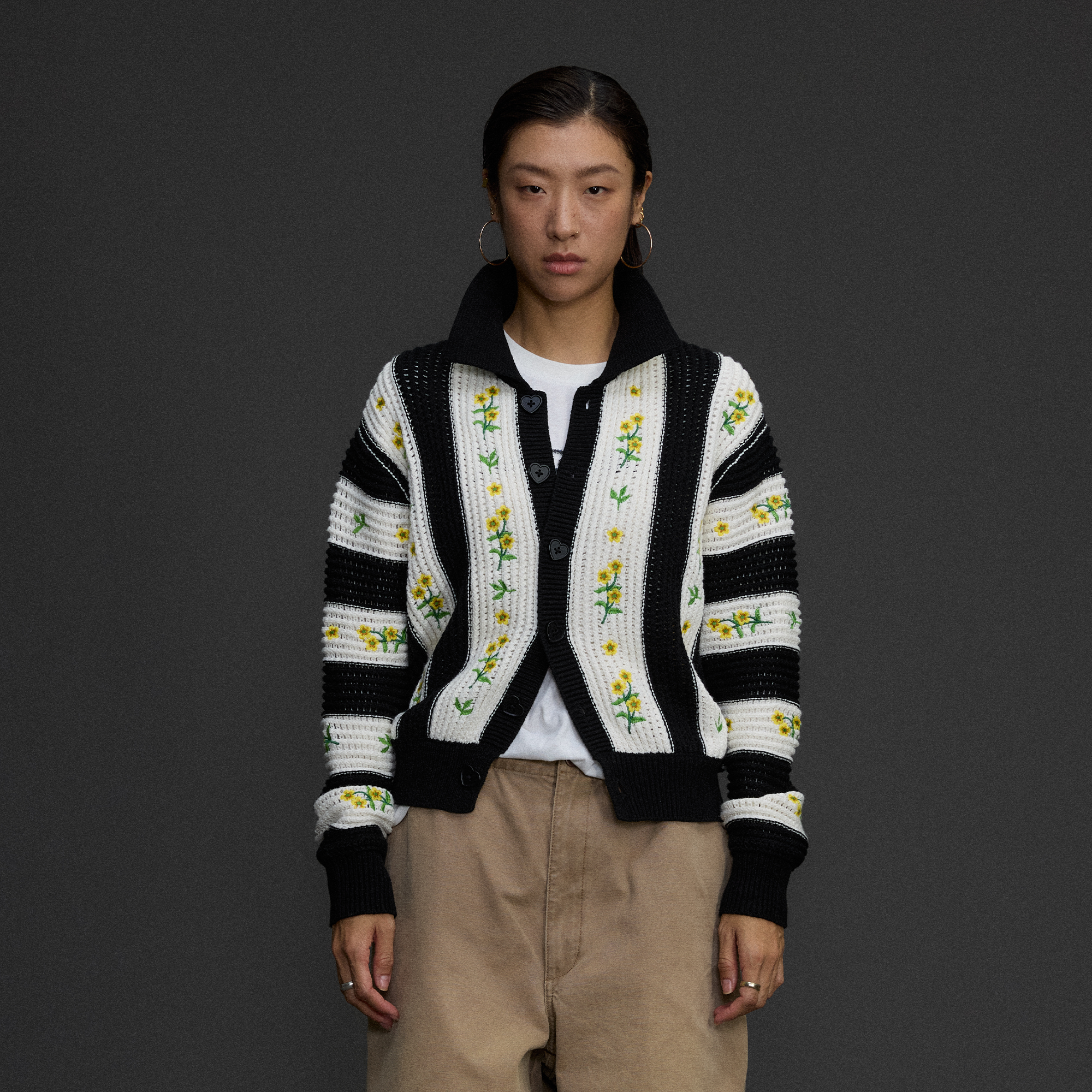 NIANJIUYIKOUER Floral Embroidered Contrast Collar Cardigan, premium urban and streetwear designers apparel on PROJECTISR.com, NIANJIUYIKOUER