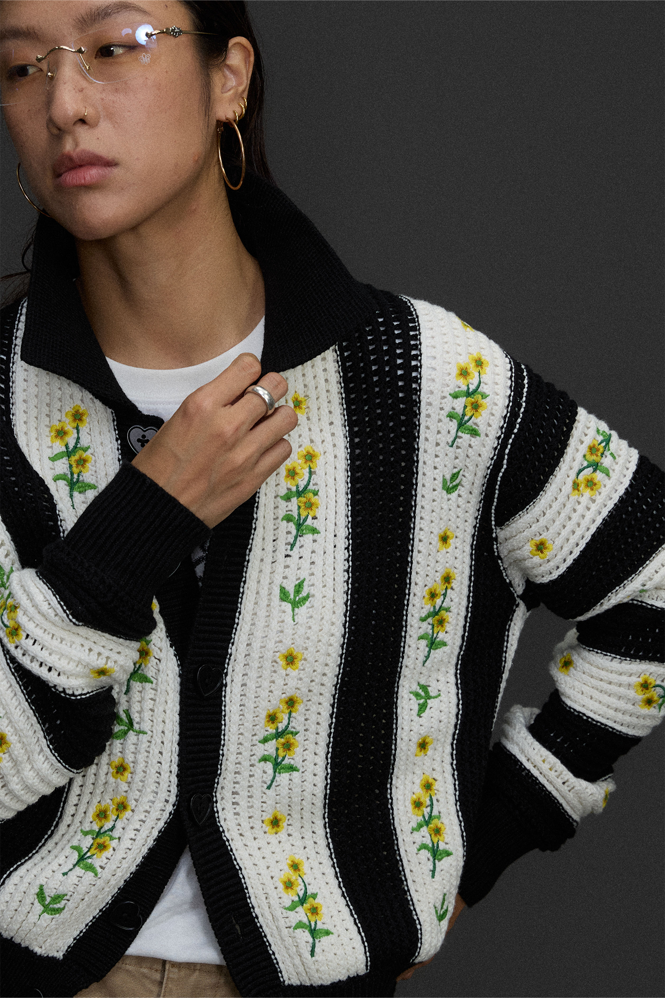 NIANJIUYIKOUER Floral Embroidered Contrast Collar Cardigan, premium urban and streetwear designers apparel on PROJECTISR.com, NIANJIUYIKOUER