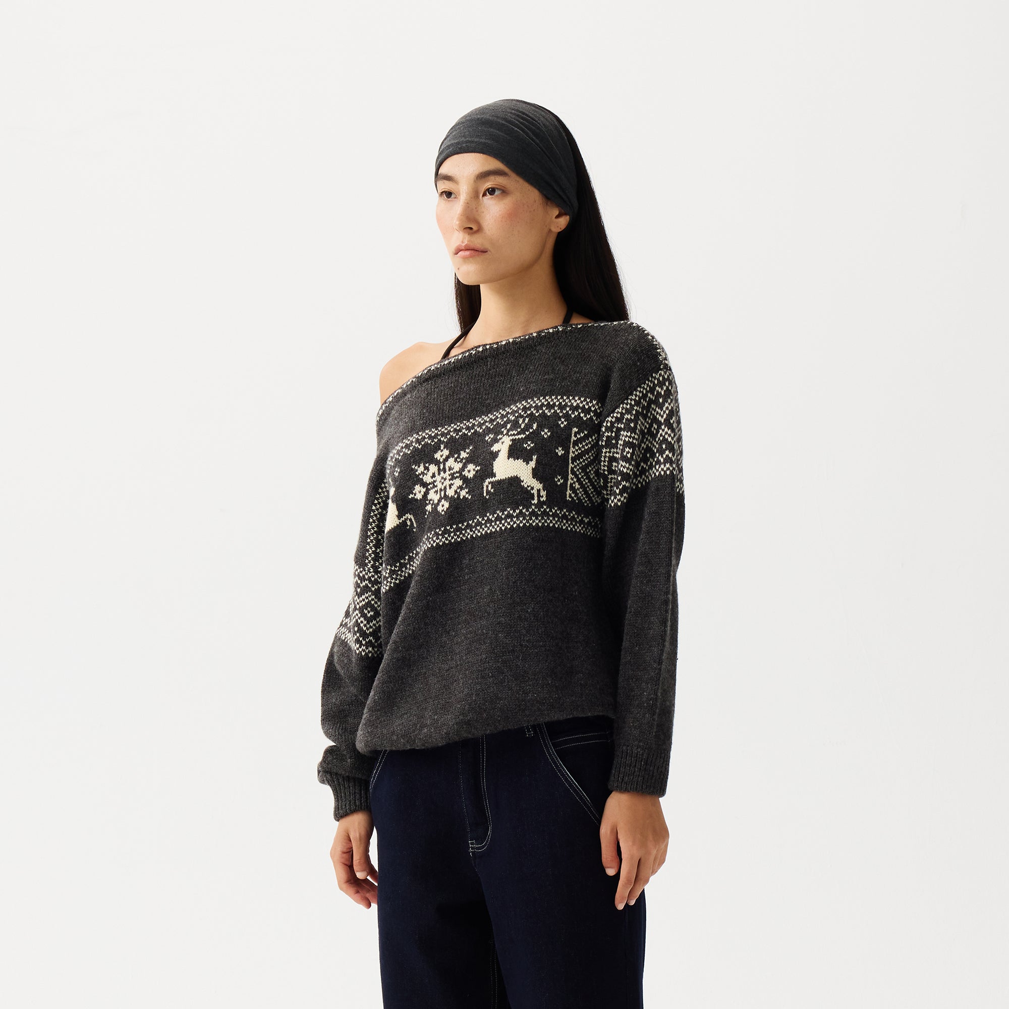 PCLA Fair Isle Reindeer Off-Shoulder Sweater