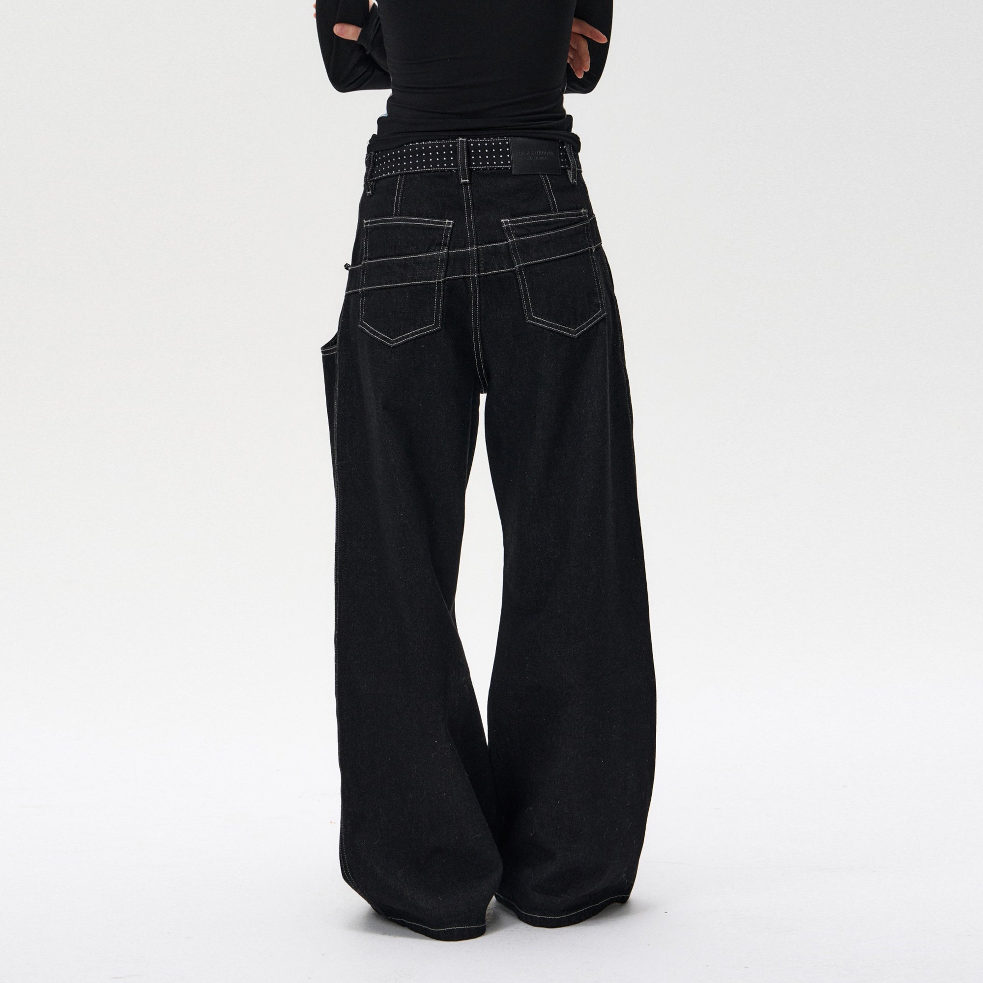 10AMSOTIIIIIIRED Modern Polka-Dot Waist Wide-Leg Jeans