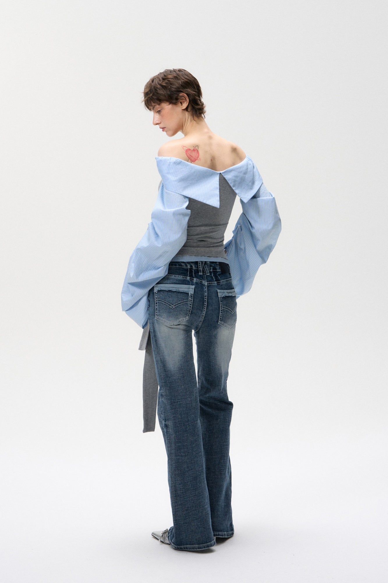 10AMSOTIIIIIIRED Spliced Off-Shoulder Drape Shirt Top