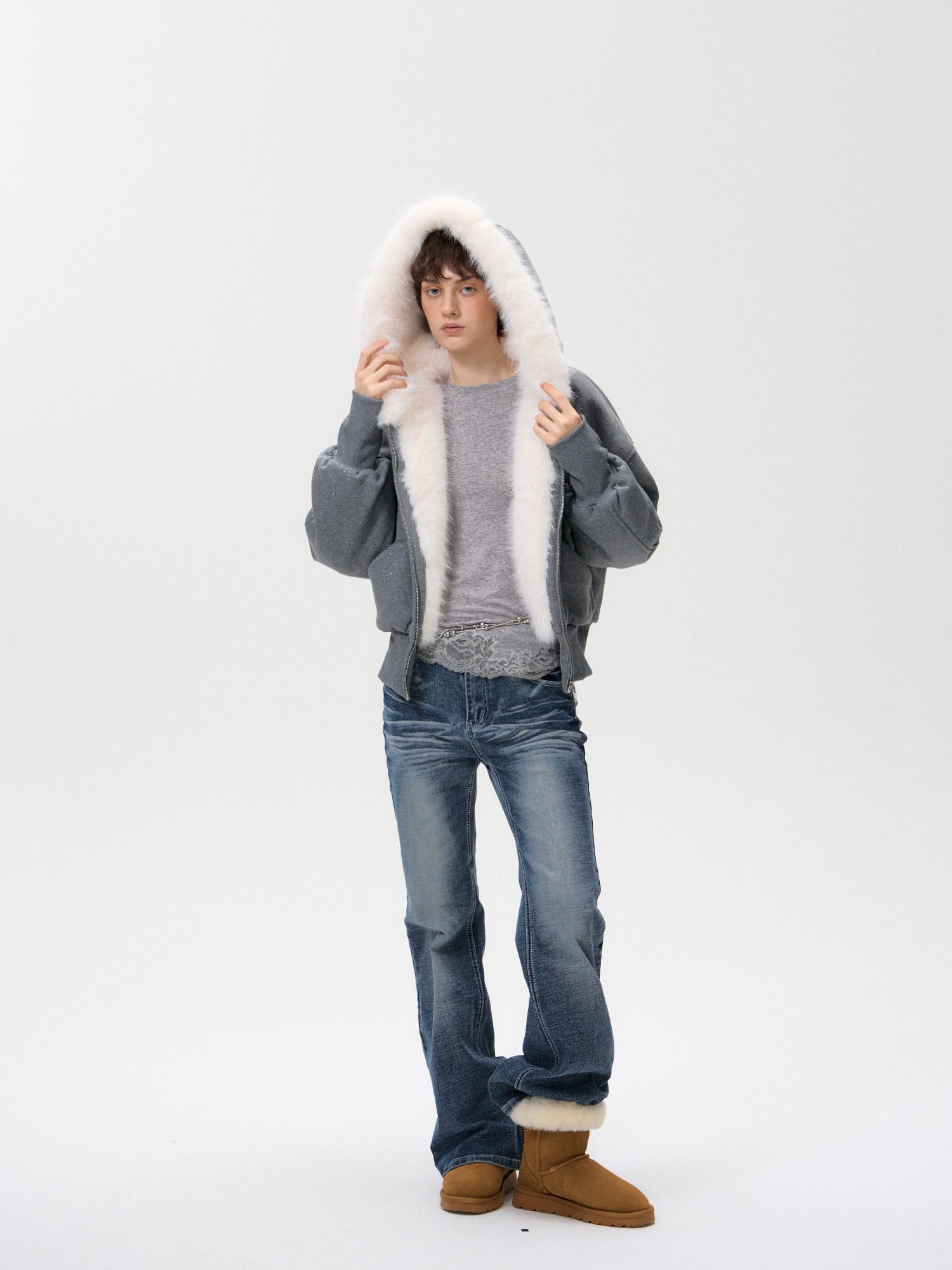 10AMSOTIIIIIIRED Subtle Sparkle Faux Fur-Lined Hooded Jacket