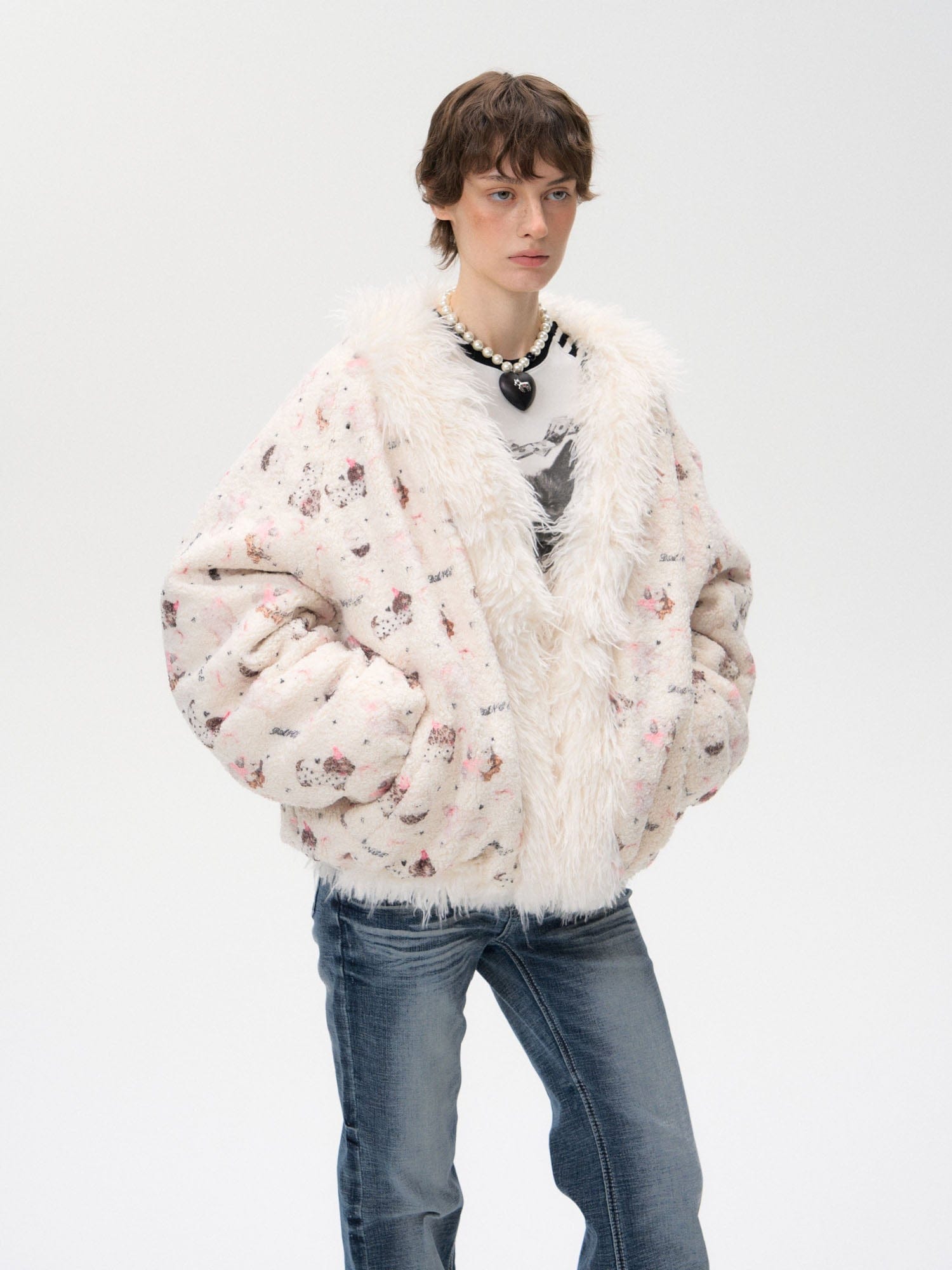 10AMSOTIIIIIIRED Reversible Full-Print Faux Fur Trim Jacket