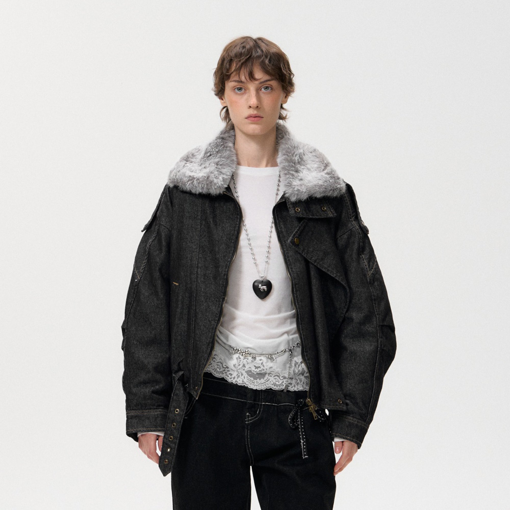 10AMSOTIIIIIIRED Detachable Faux-Fur Collar Denim Aviator Jacket