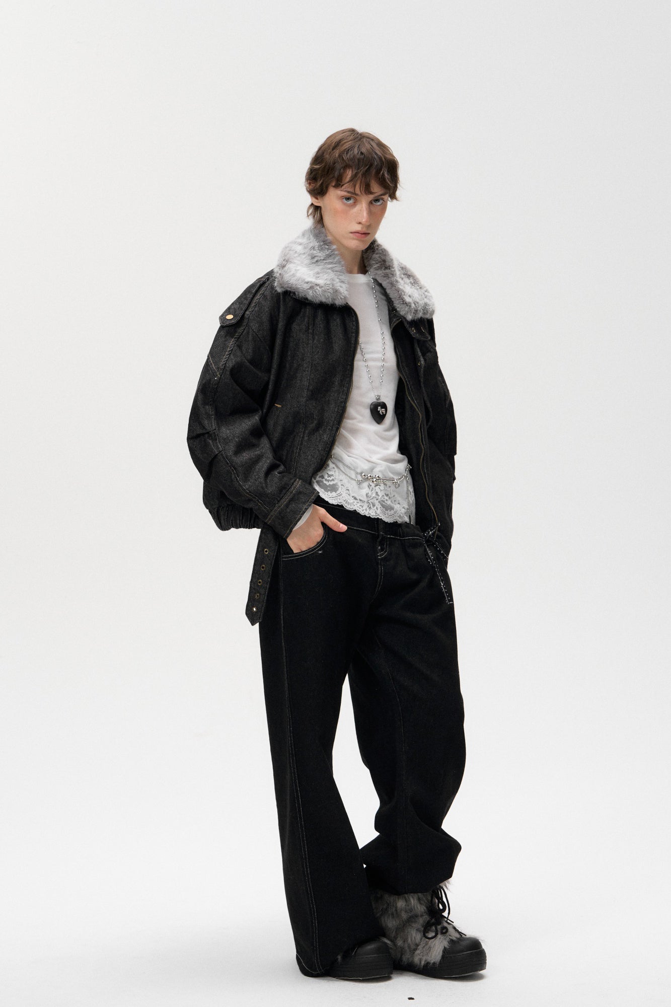 10AMSOTIIIIIIRED Detachable Faux-Fur Collar Denim Aviator Jacket