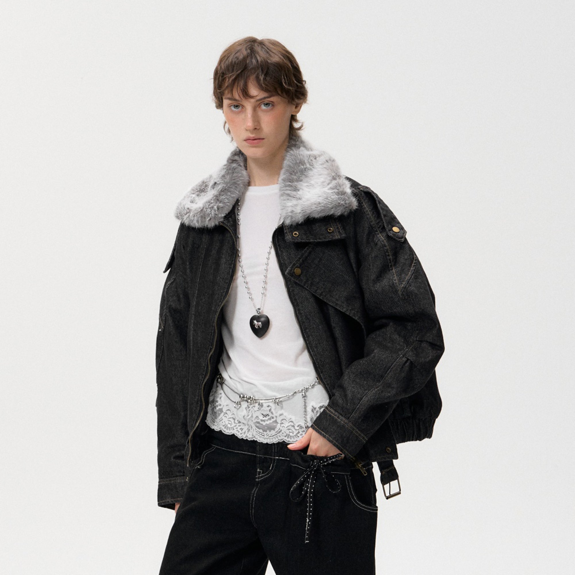 10AMSOTIIIIIIRED Detachable Faux-Fur Collar Denim Aviator Jacket