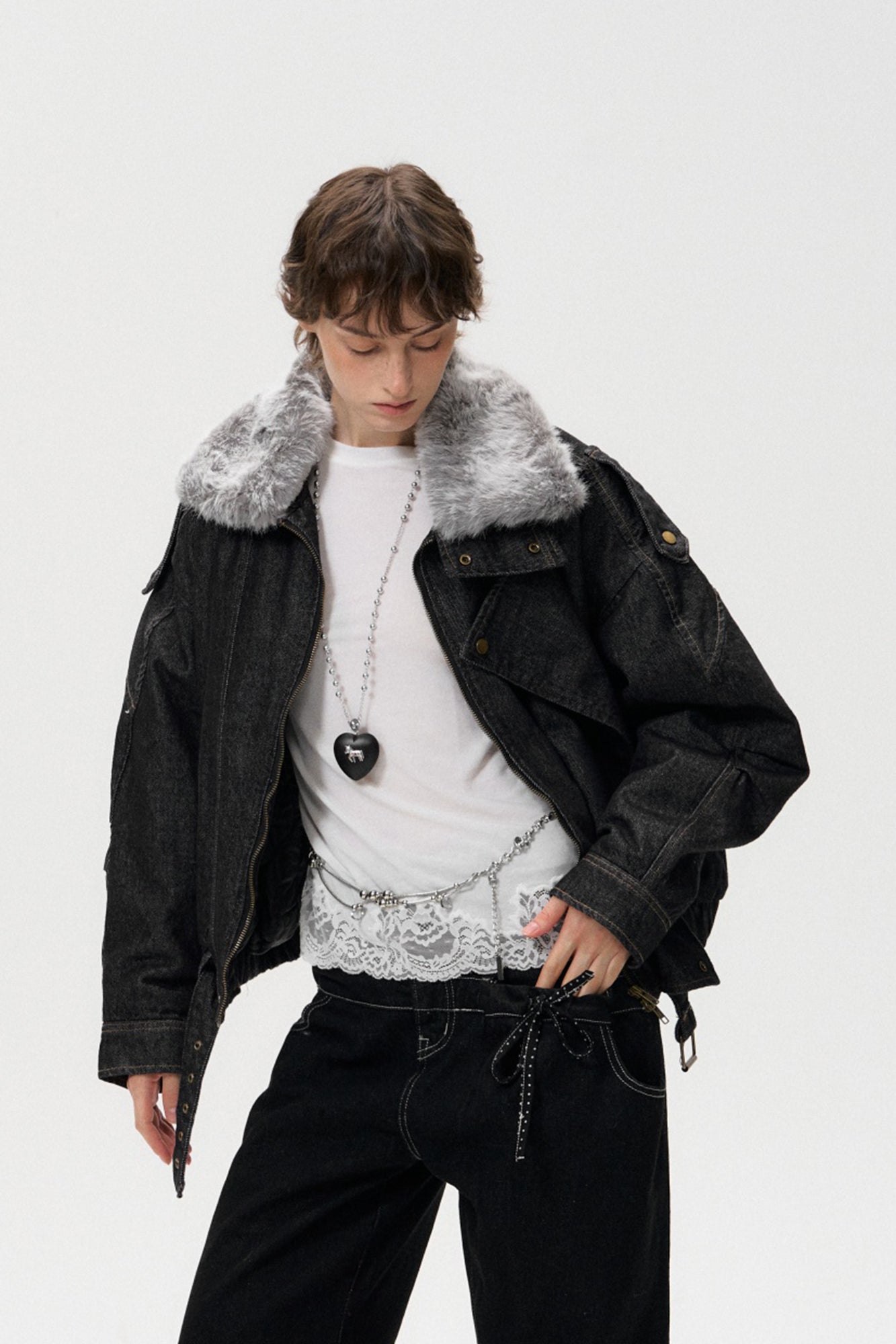 10AMSOTIIIIIIRED Detachable Faux-Fur Collar Denim Aviator Jacket