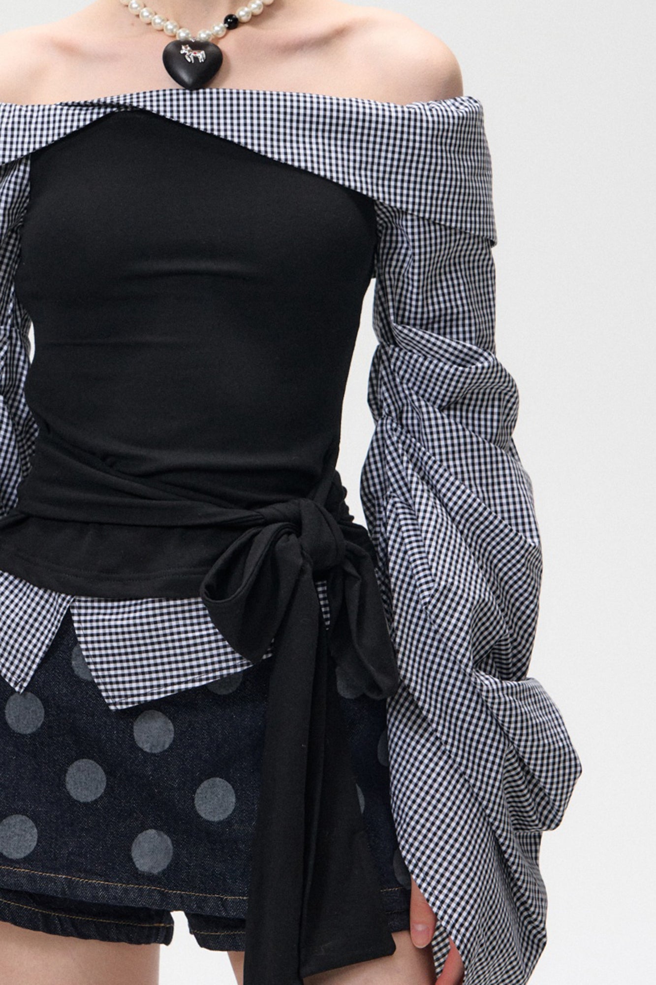 10AMSOTIIIIIIRED Spliced Off-Shoulder Drape Shirt Top